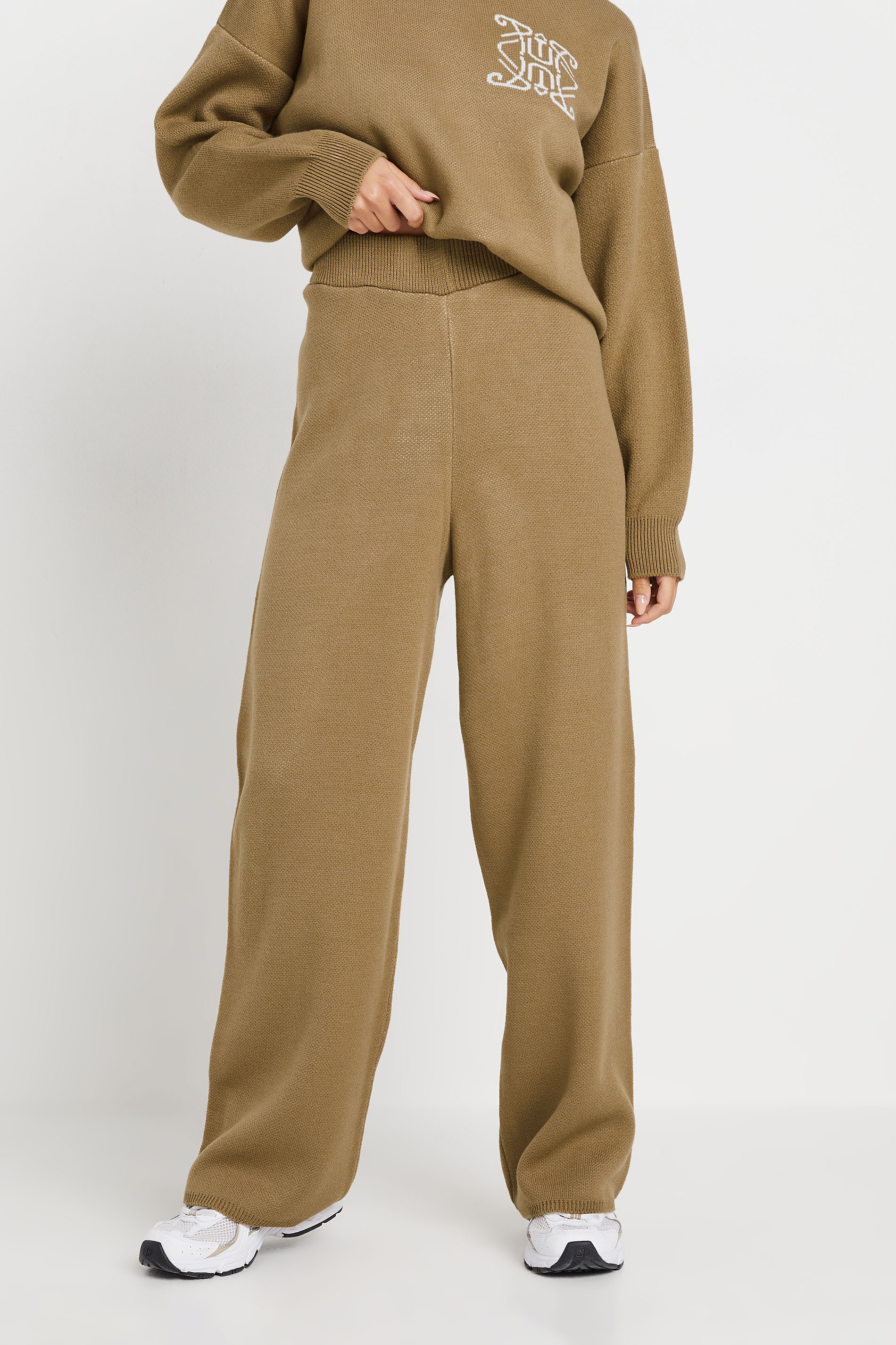 PixieGirl Petite Women's Beige Brown Knitted Wide Leg Trousers | PixieGirl 3