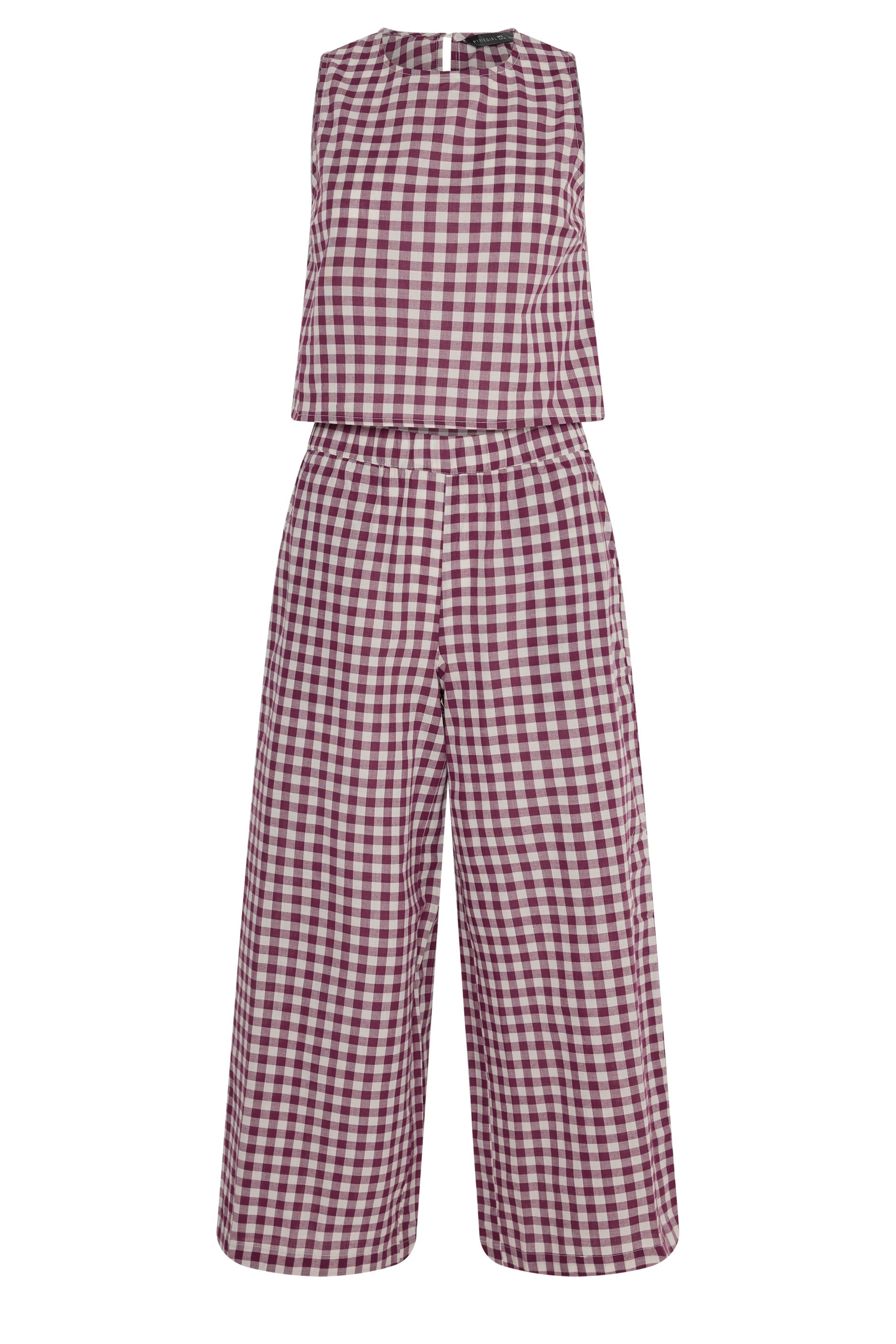PixieGirl Petite Women's Set Burgundy Red Gingham Cotton Top & Wide Leg Trousers | PixieGirl 5