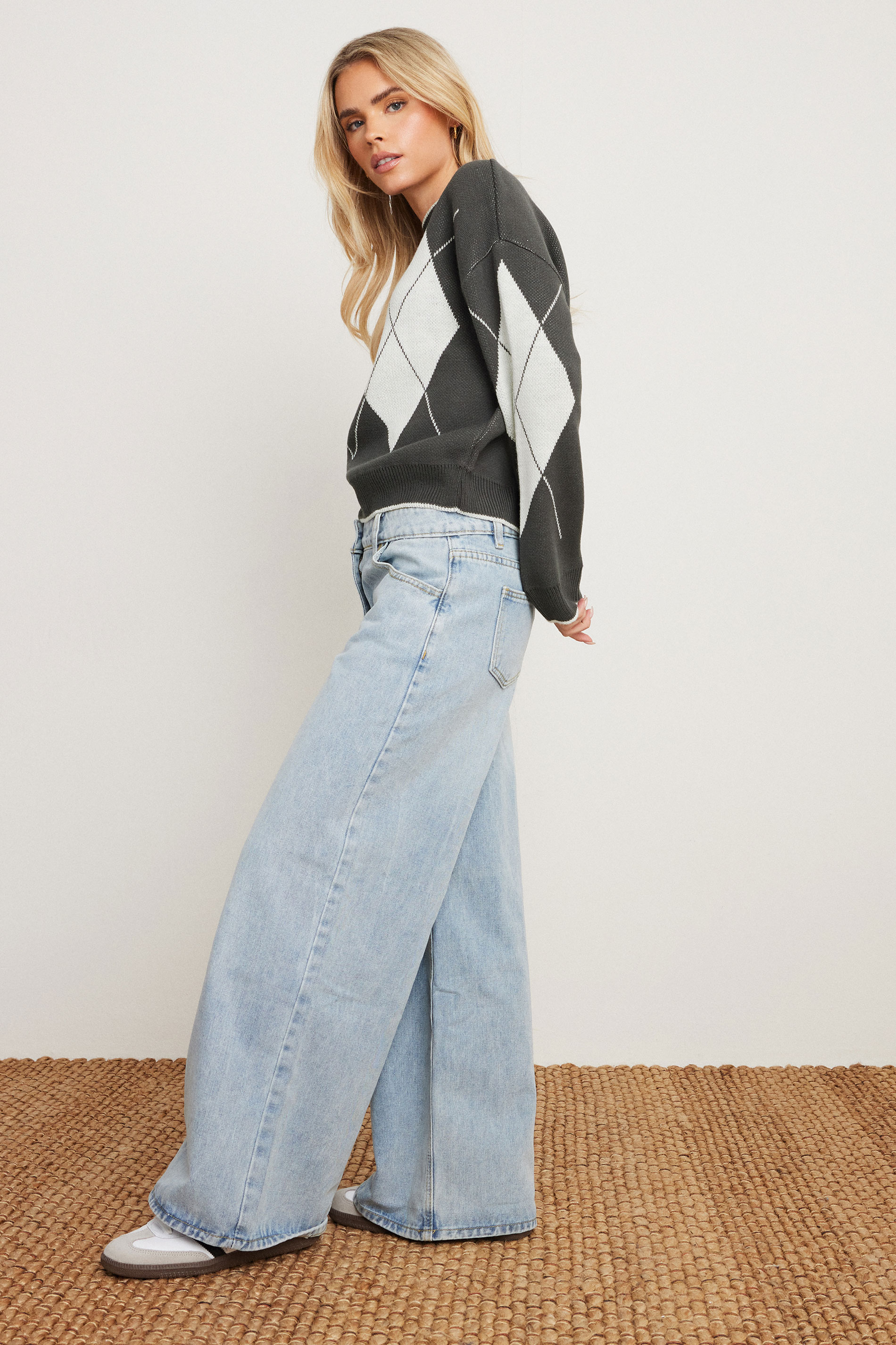 PixieGirl Petite Women's Grey Knitted Argyle Jumper | PixieGirl 2