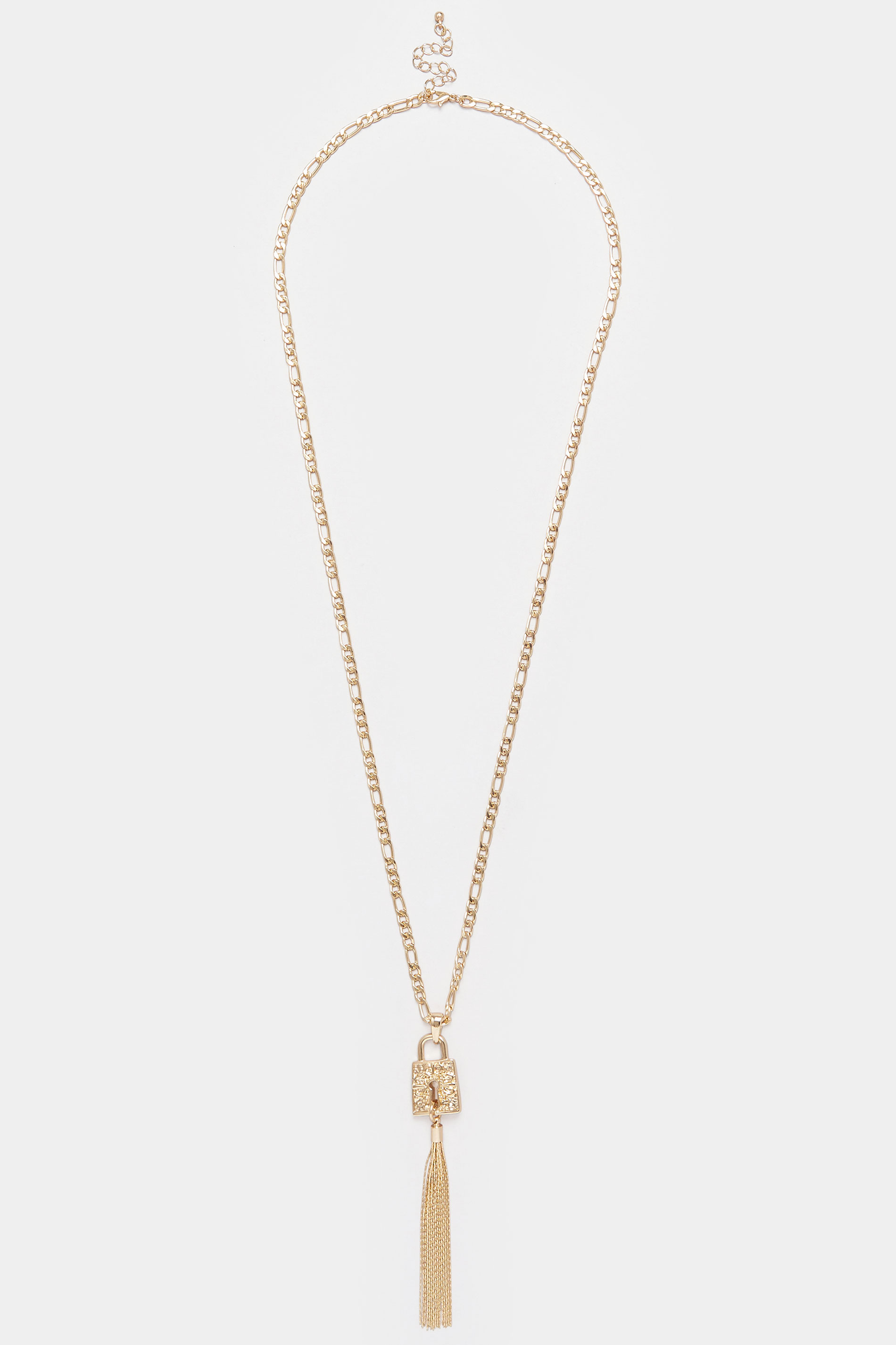 Gold Tone Long Padlock Tassel Necklace | Yours Clothing 2