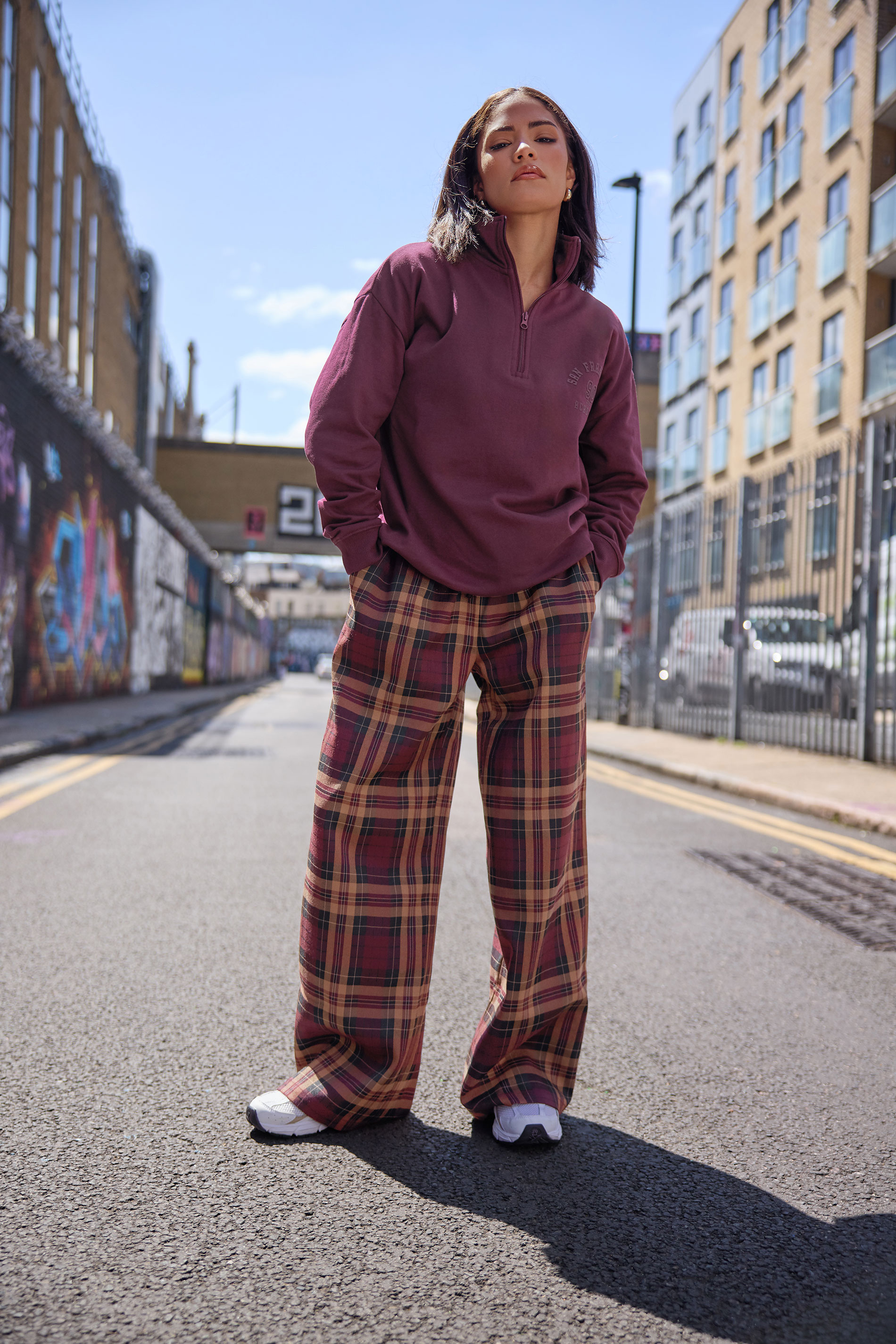 PixieGirl Petite Women's Burgundy Red Check Wide Leg Trousers | PixieGirl 1