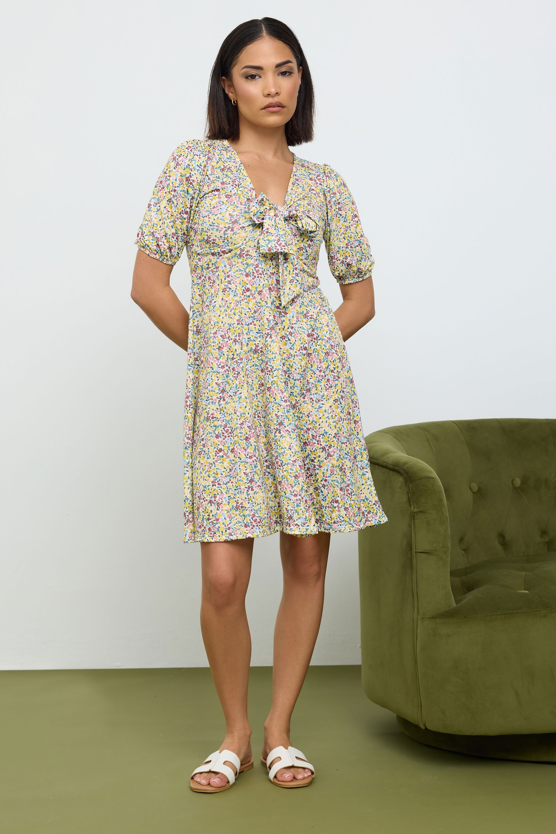 PixieGirl Petite Women's Yellow & Pink Floral Print Tie Front Mini Dress | PixieGirl 2