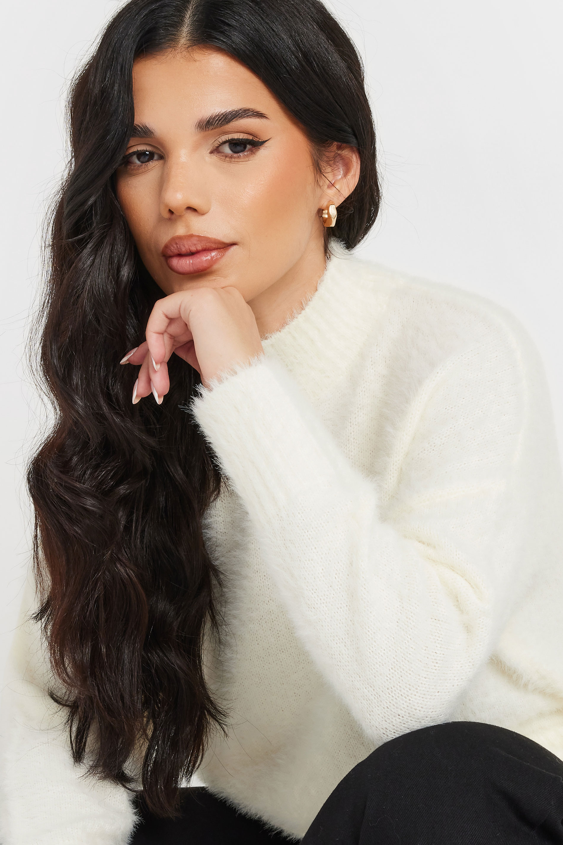 PixieGirl Petite Women's Ivory White Fluffy Knitted High Neck Jumper | PixieGirl 4