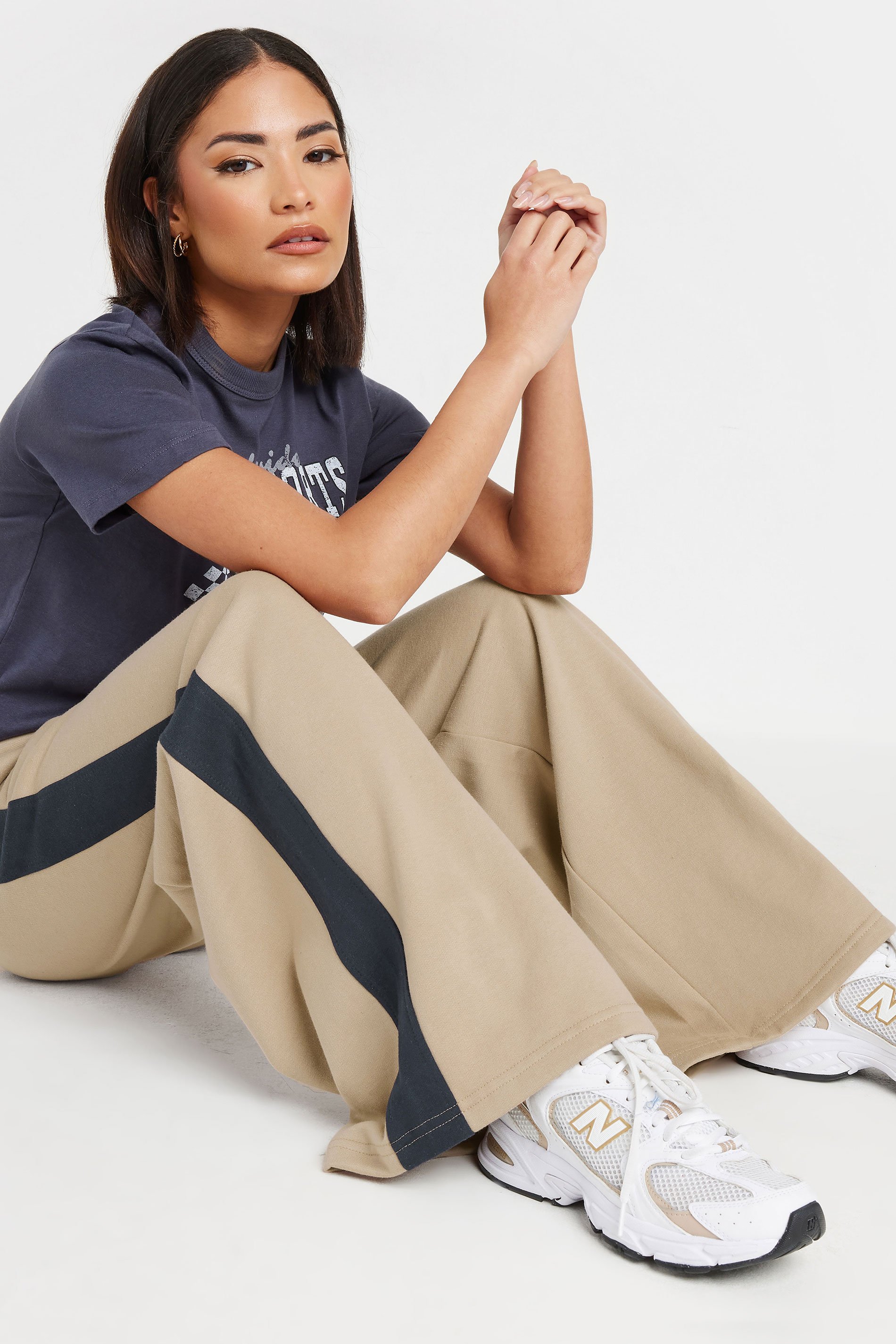 PixieGirl Petite Women's Beige Brown Side Striped Wide Leg Jogger | PixieGirl 5