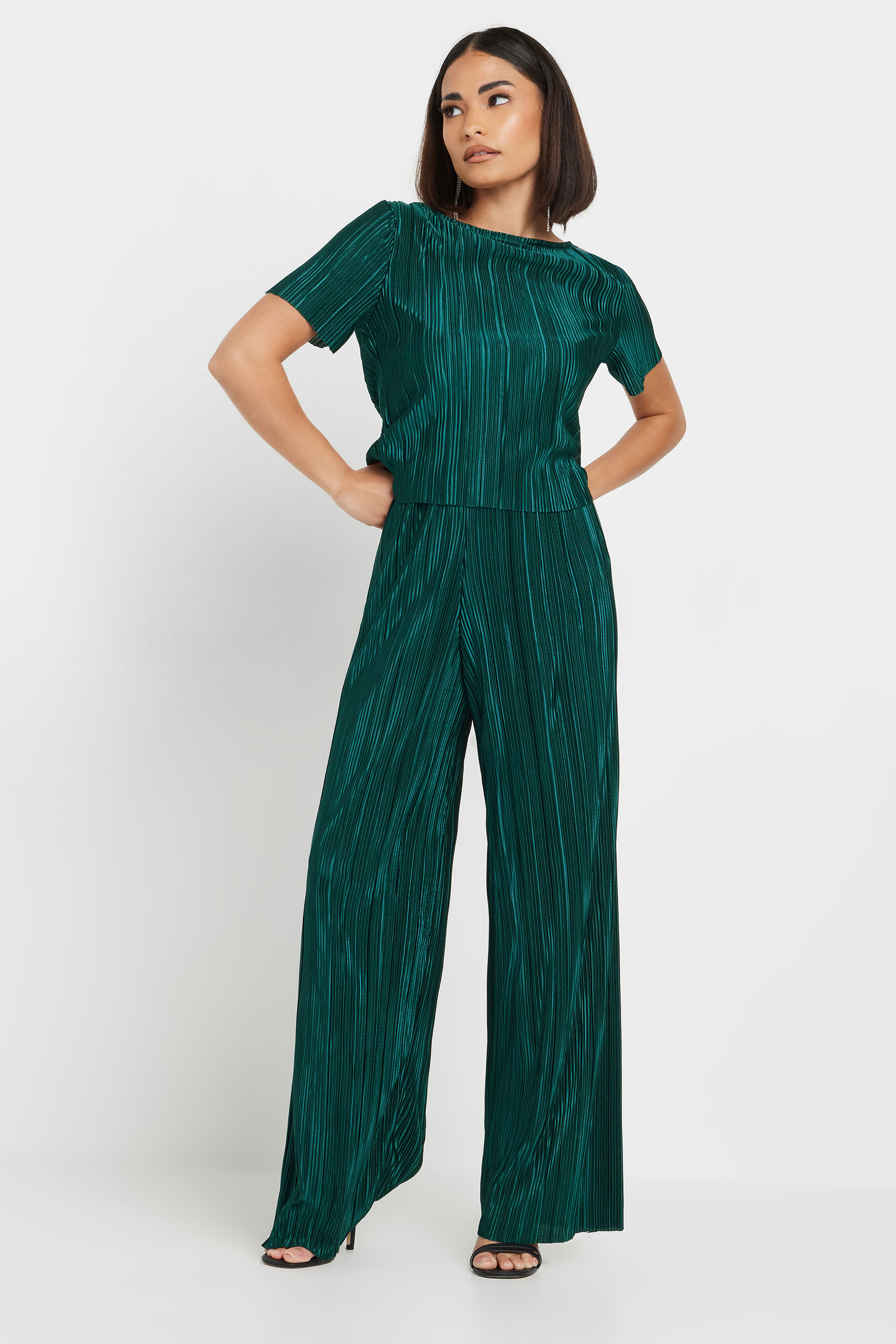 PixieGirl Petite Women's Green Plisse Wide Leg Trousers | PixieGirl 1