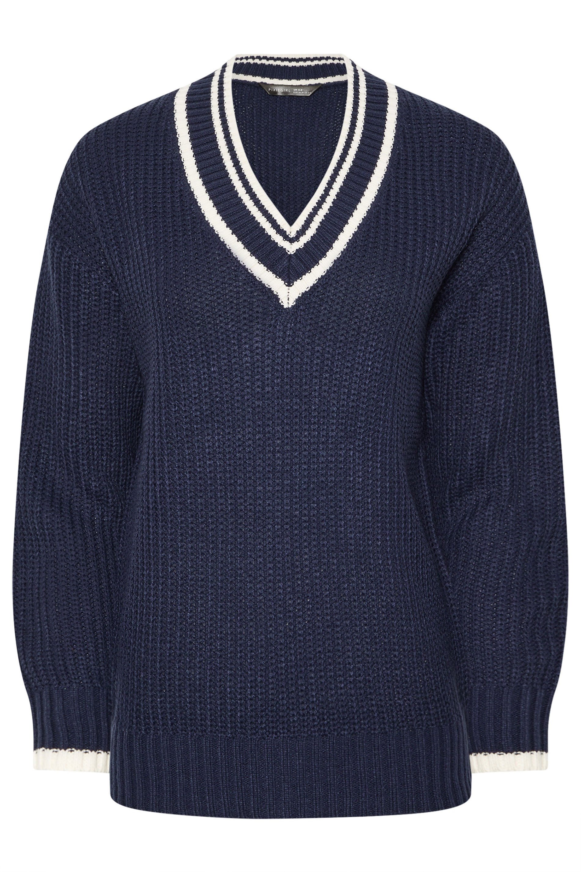 PixieGirl Petite Women's Navy Blue Contrast V-Neck Jumper | PixieGirl 7