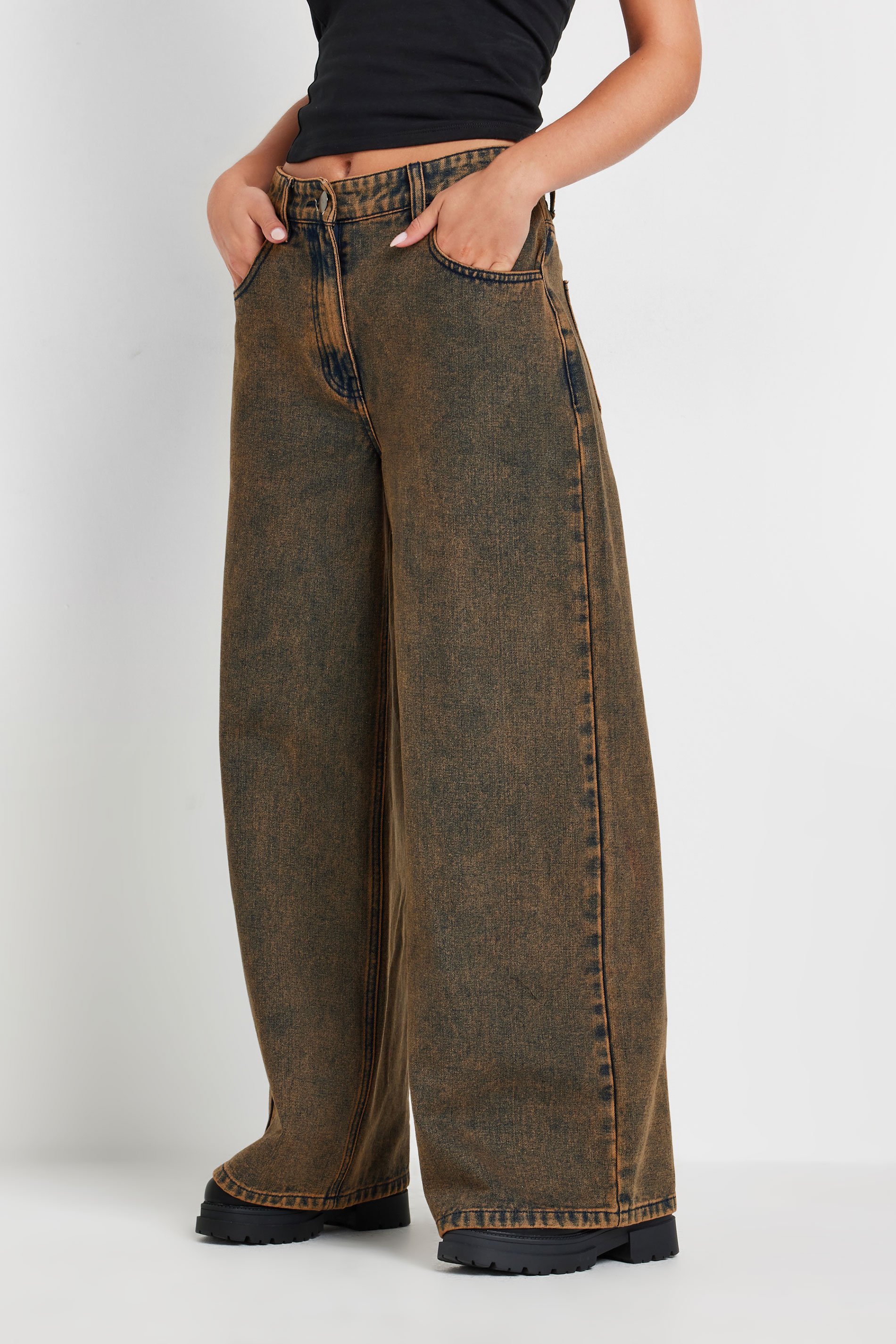 PixieGirl Petite Women's Brown Acid Wash Non-Stretch Wide Leg Jean | PixieGirl 2