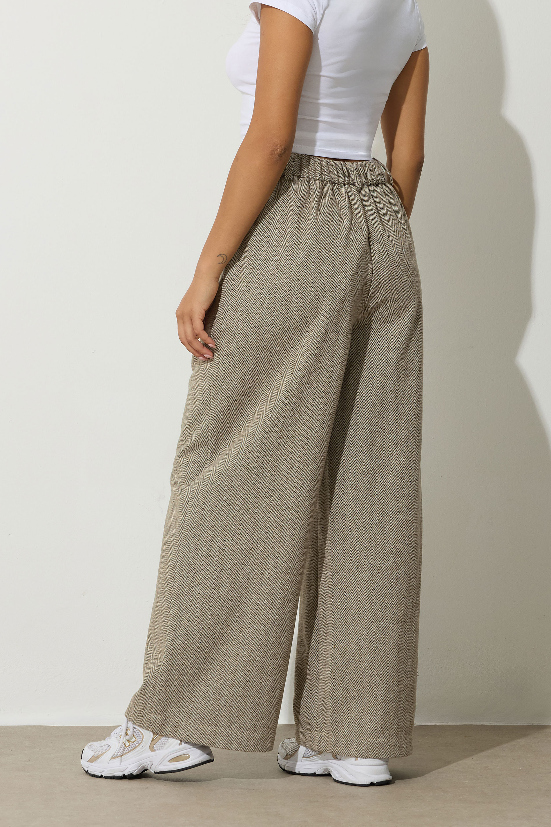 PixieGirl Petite Women's Camel Brown Herringbone Wide Leg Trousers | PixieGirl 4