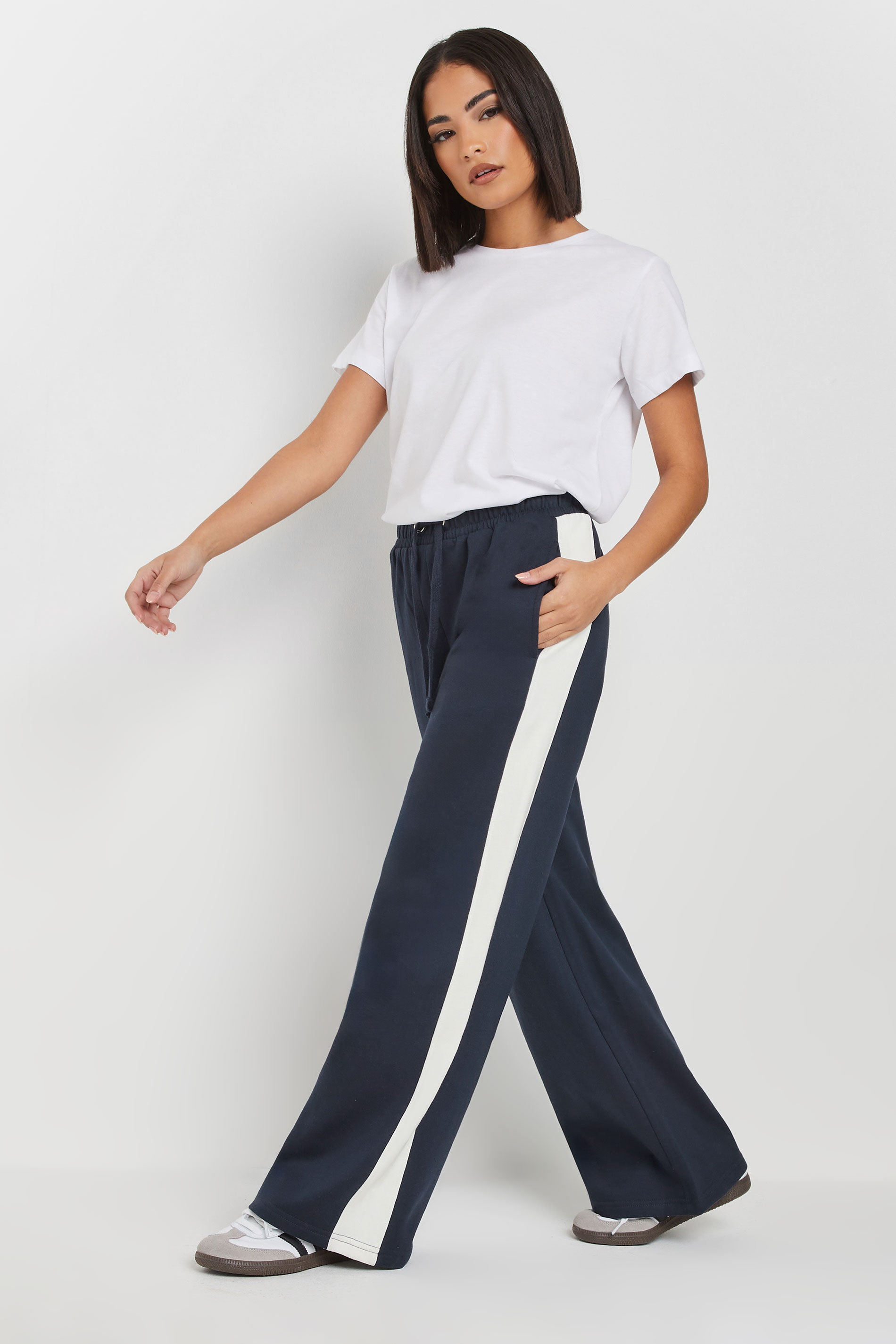 PixieGirl Petite Women's Navy Blue Side Striped Wide Leg Jogger | PixieGirl 2