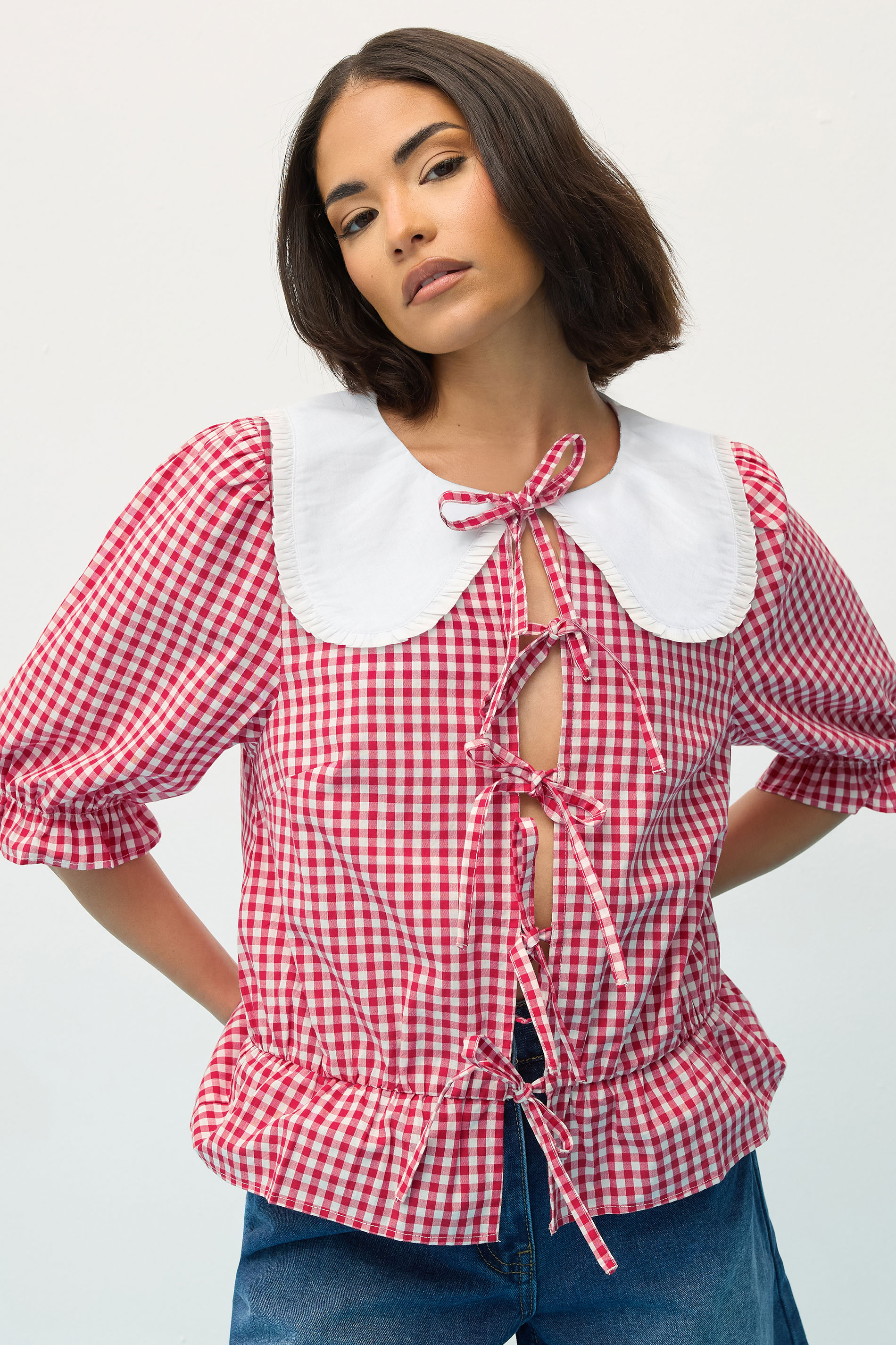 PixieGirl Petite Women's Red Gingham Tie Front Collar Peplum Top | PixieGirl 2
