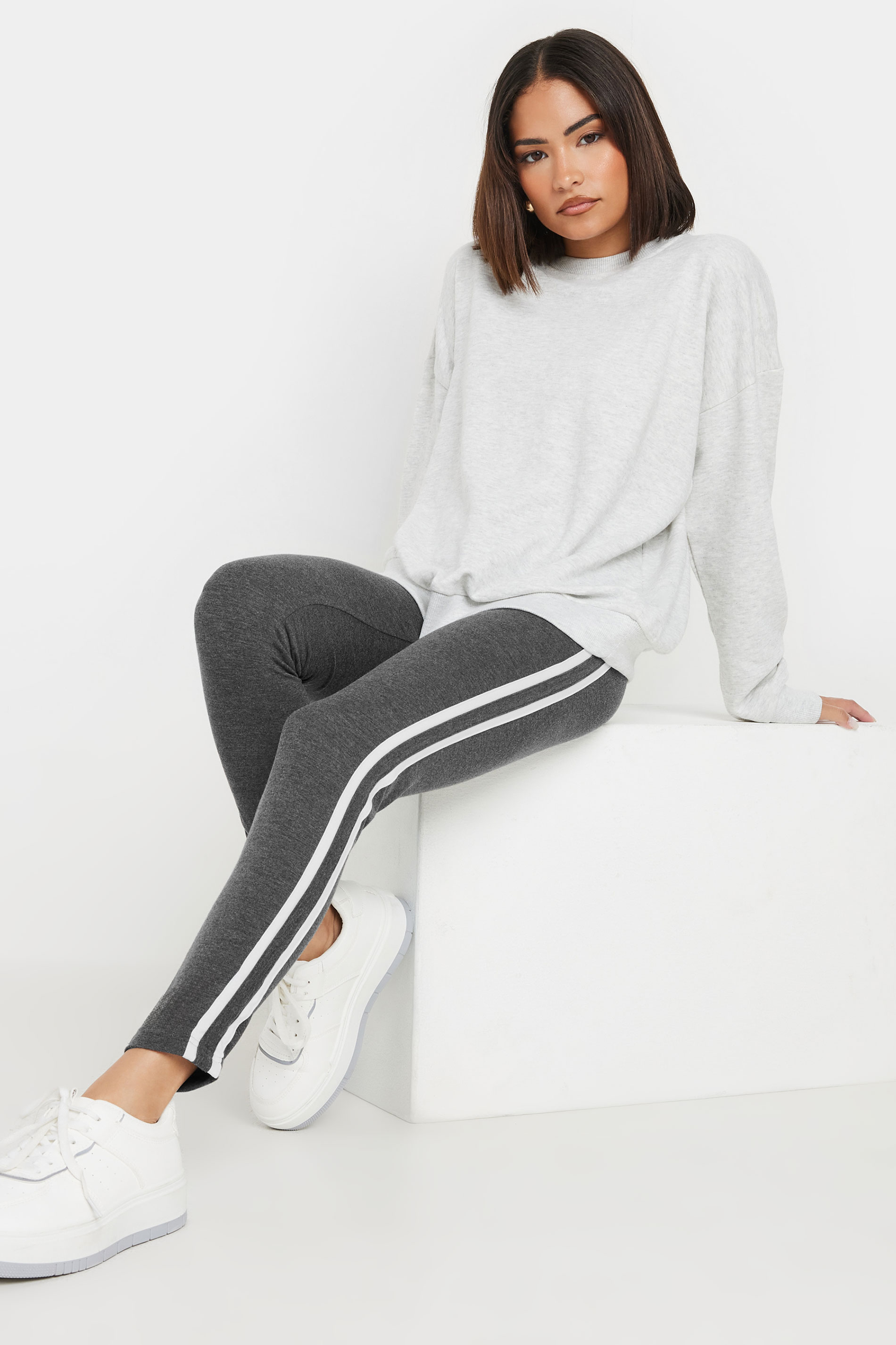 Petite Grey Side Stripe Leggings | PixieGirl 1