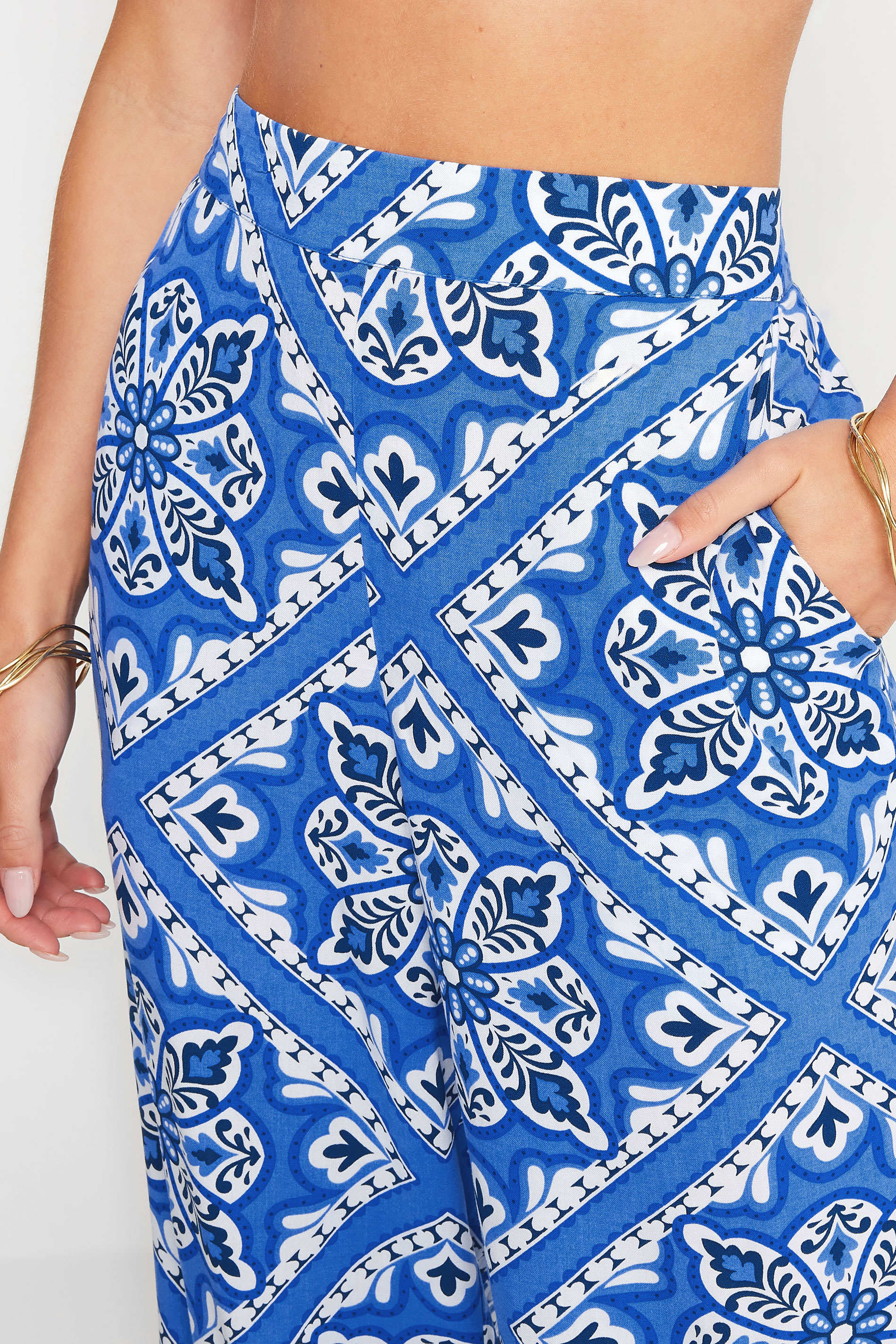 PixieGirl Petite Women's Blue Tile Print Wide Leg Trousers | PixieGirl 5