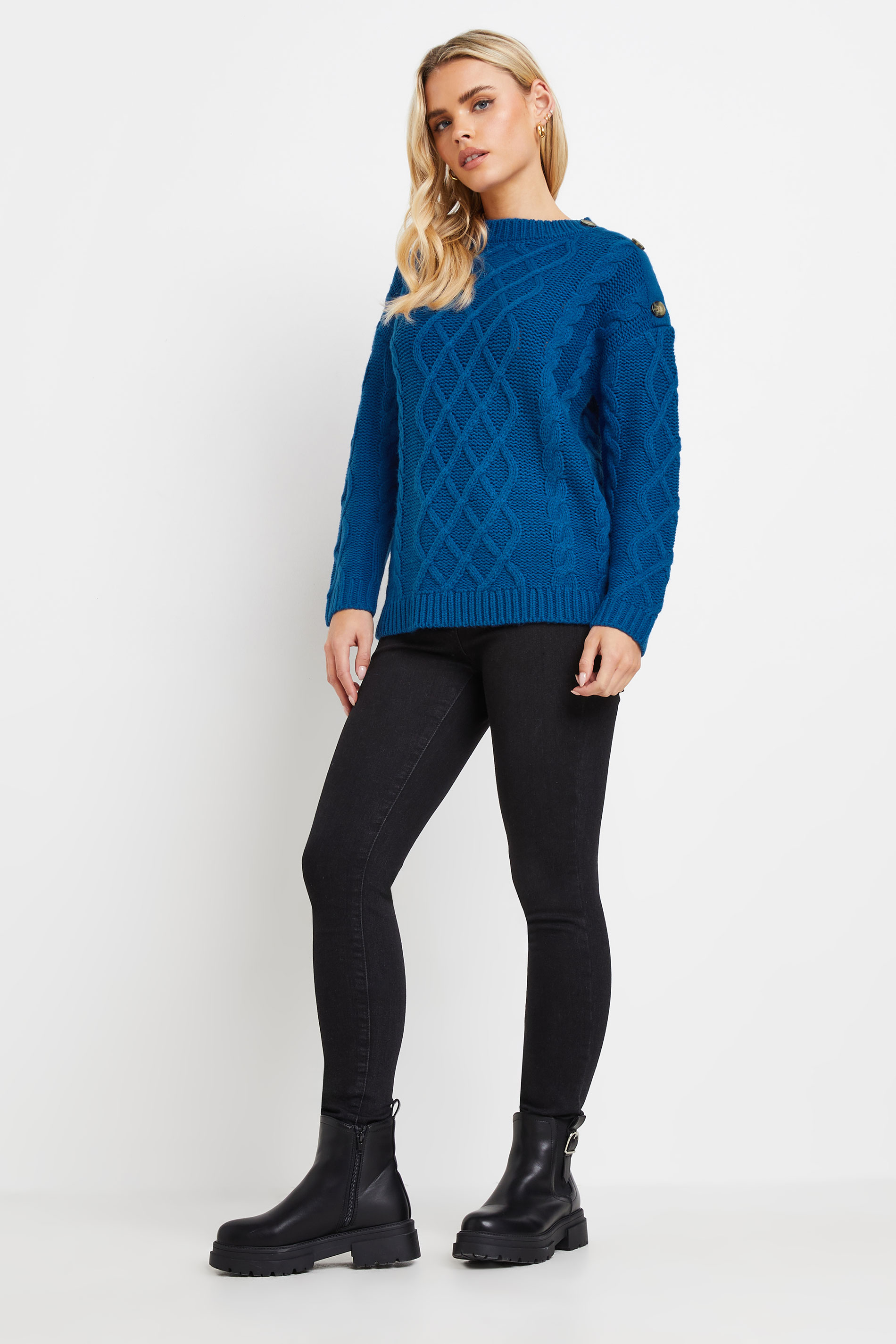 PixieGirl Petite Women's Royal Blue Cable Knit Button Jumper | PixieGirl 2