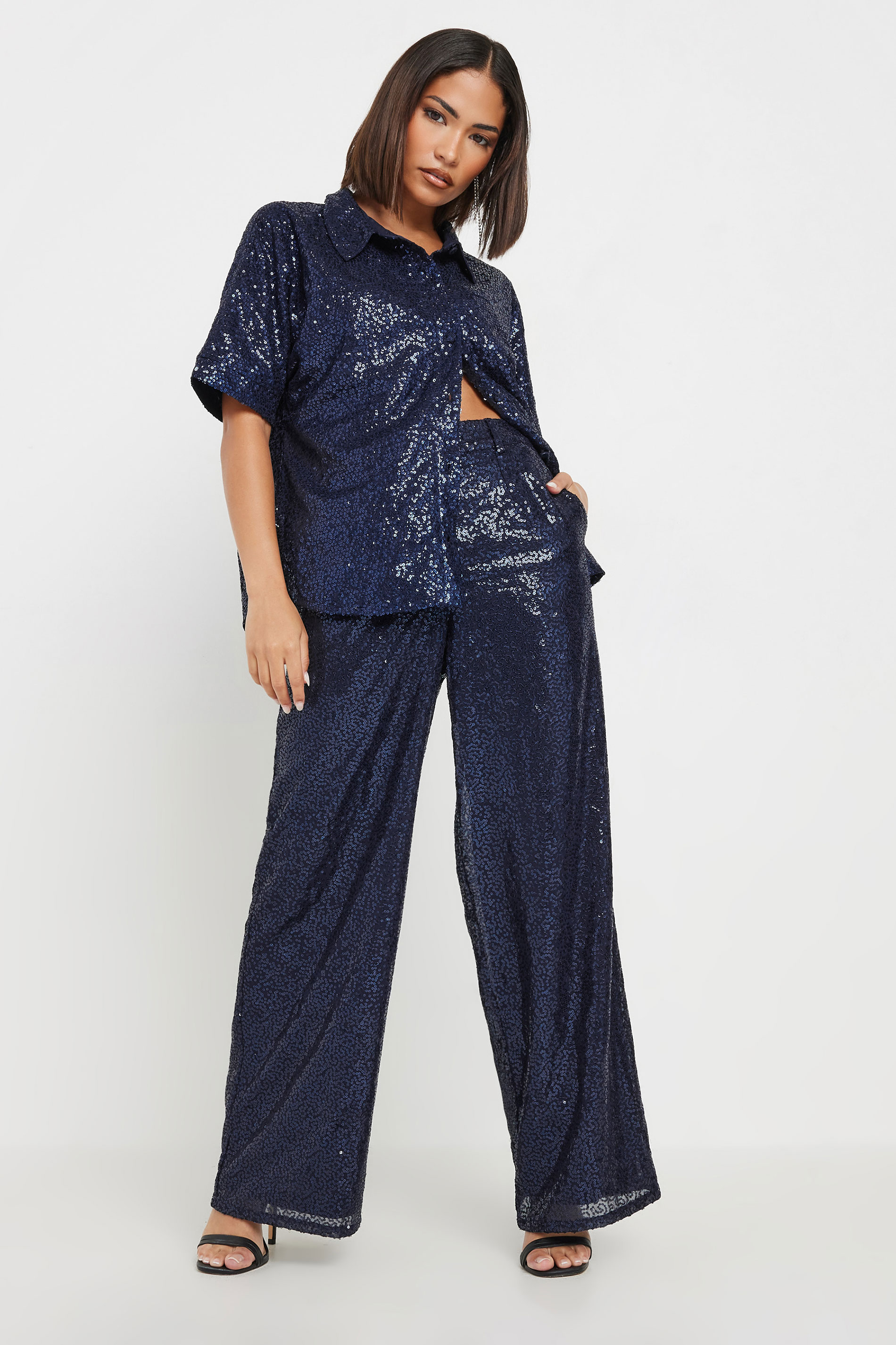 PixieGirl Petite Women's Navy Blue Sequin Embellished Wide Leg Trousers | PixieGirl 3