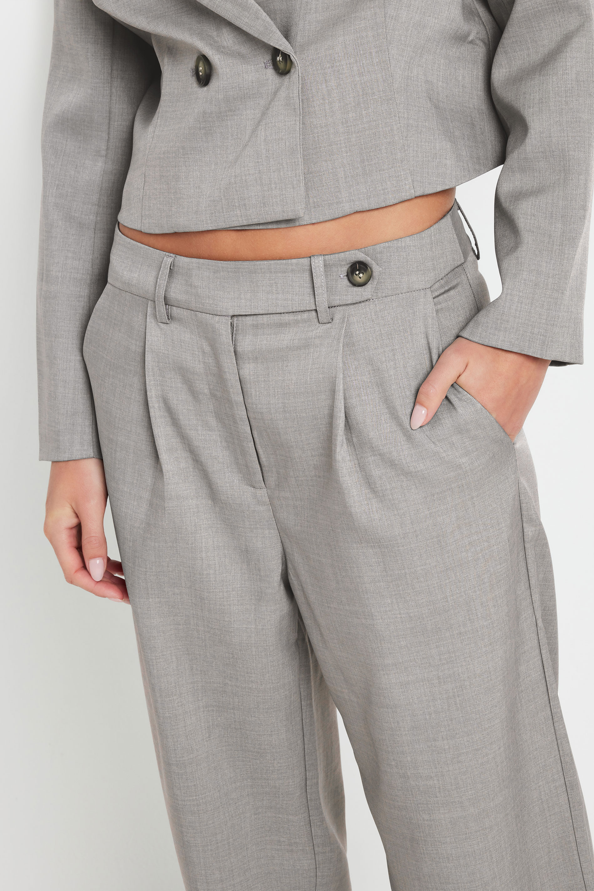 PixieGirl Petite Women's Light Grey Tailored Tab Wide Leg Trousers | PixieGirl 5