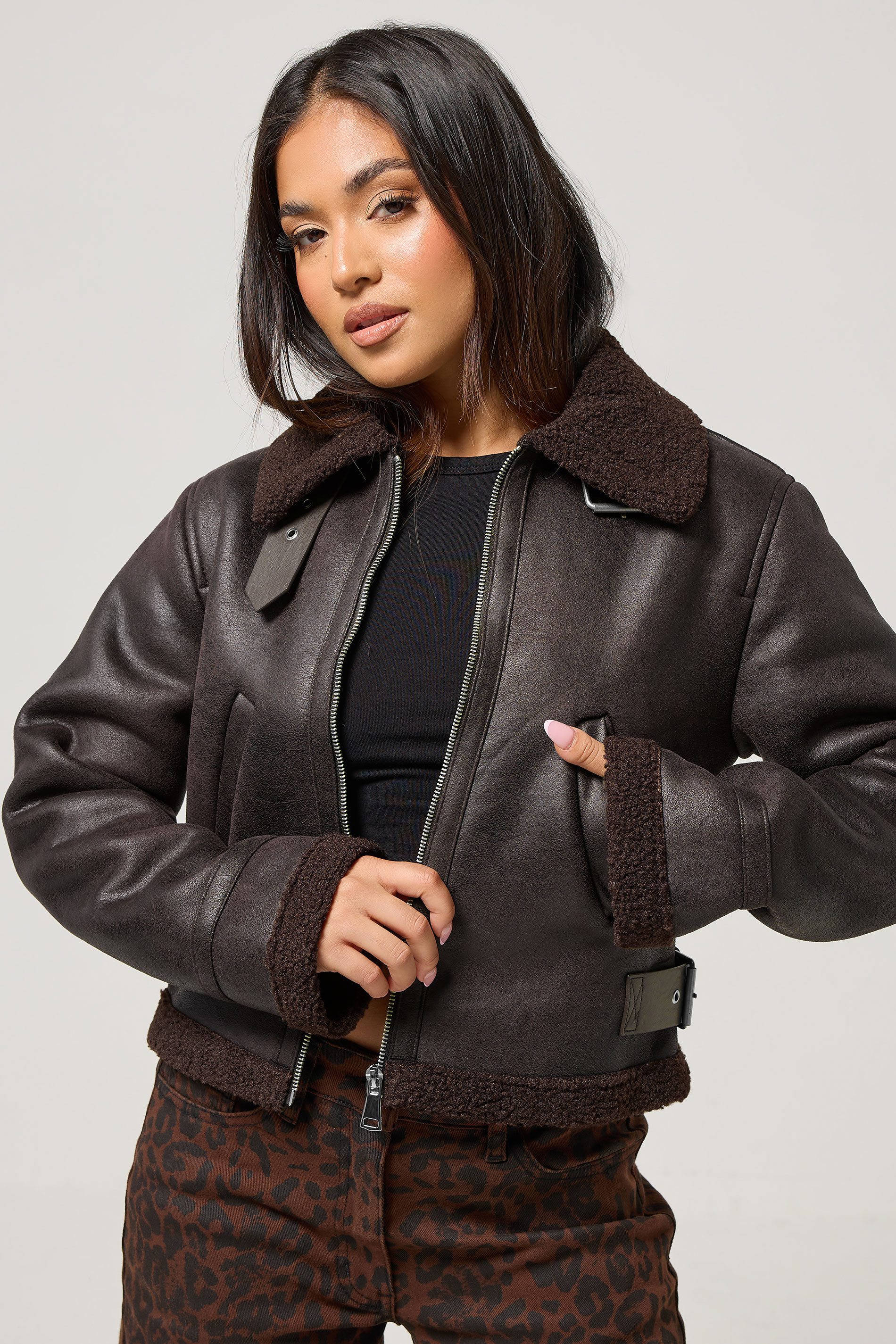 PixieGirl Petite Women's Chocolate Brown Aviator Jacket | PixieGirl 2