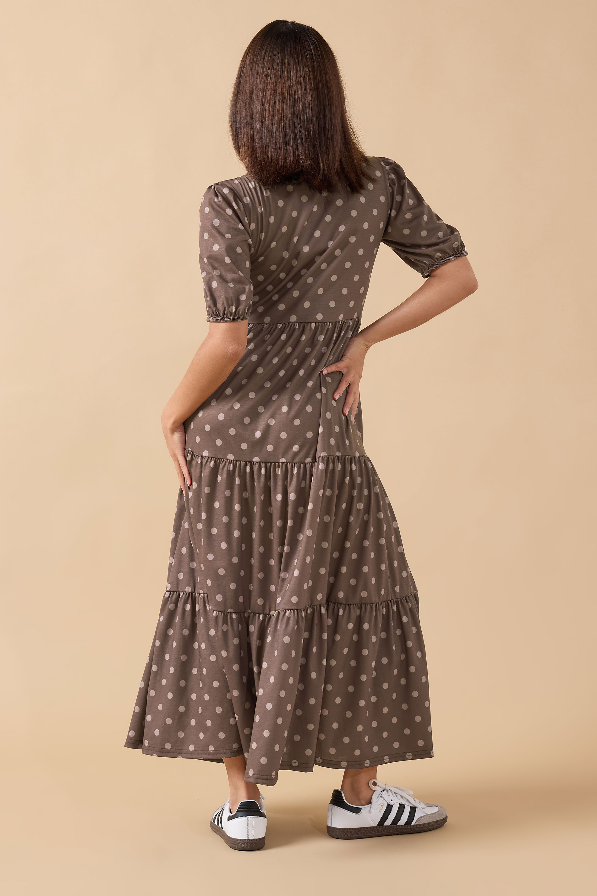 PixieGirl Petite Women's Chocolate Brown Spot Tiered Dress | PixieGirl 3