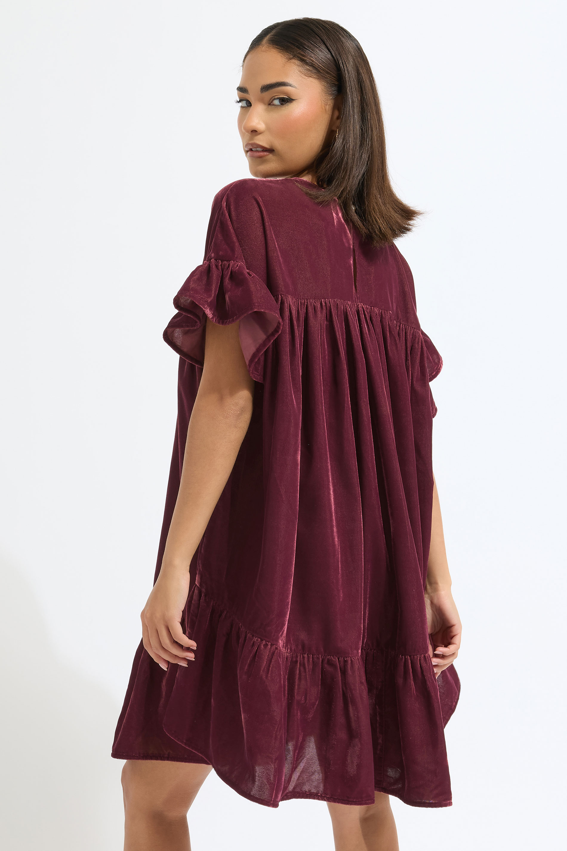 PixieGirl Petite Women's Burgundy Red Velvet Frill Smock Mini Dress | PixieGirl 4
