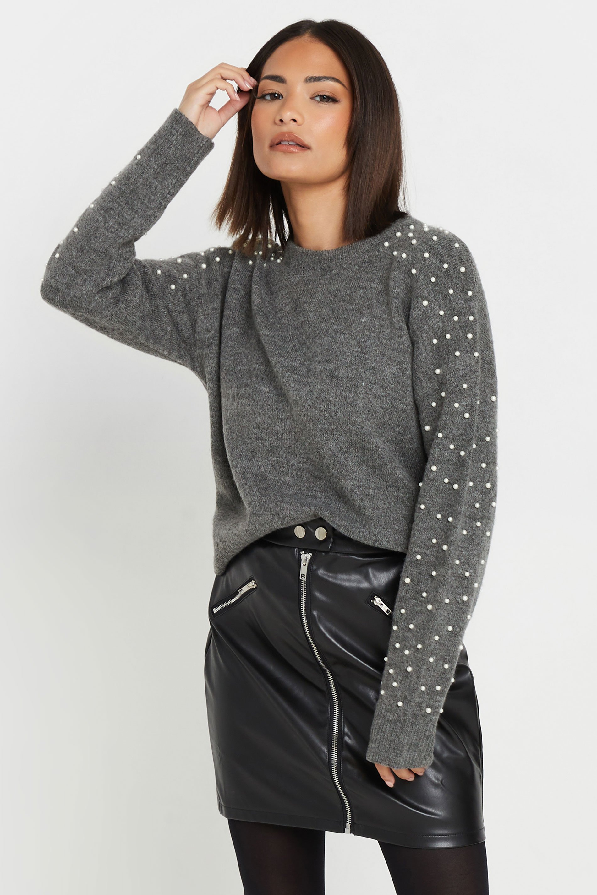 PixieGirl Petite Women's Grey Knitted Pearl Embellished Jumper | PixieGirl 1