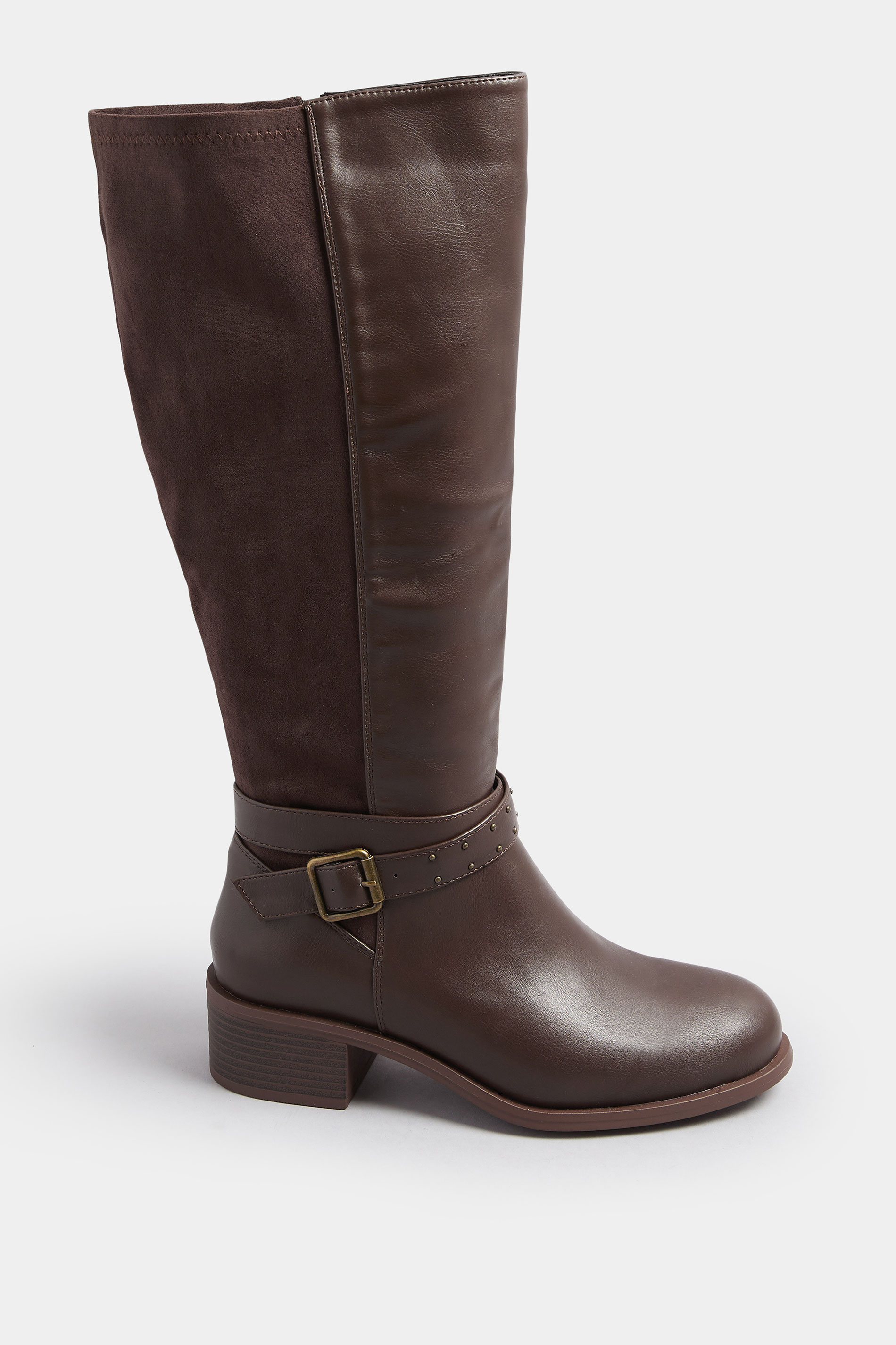 Chocolate Brown Faux Leather Buckle Strap Knee High Boots In Extra Wide EEE Fit | Yours Clothing 3