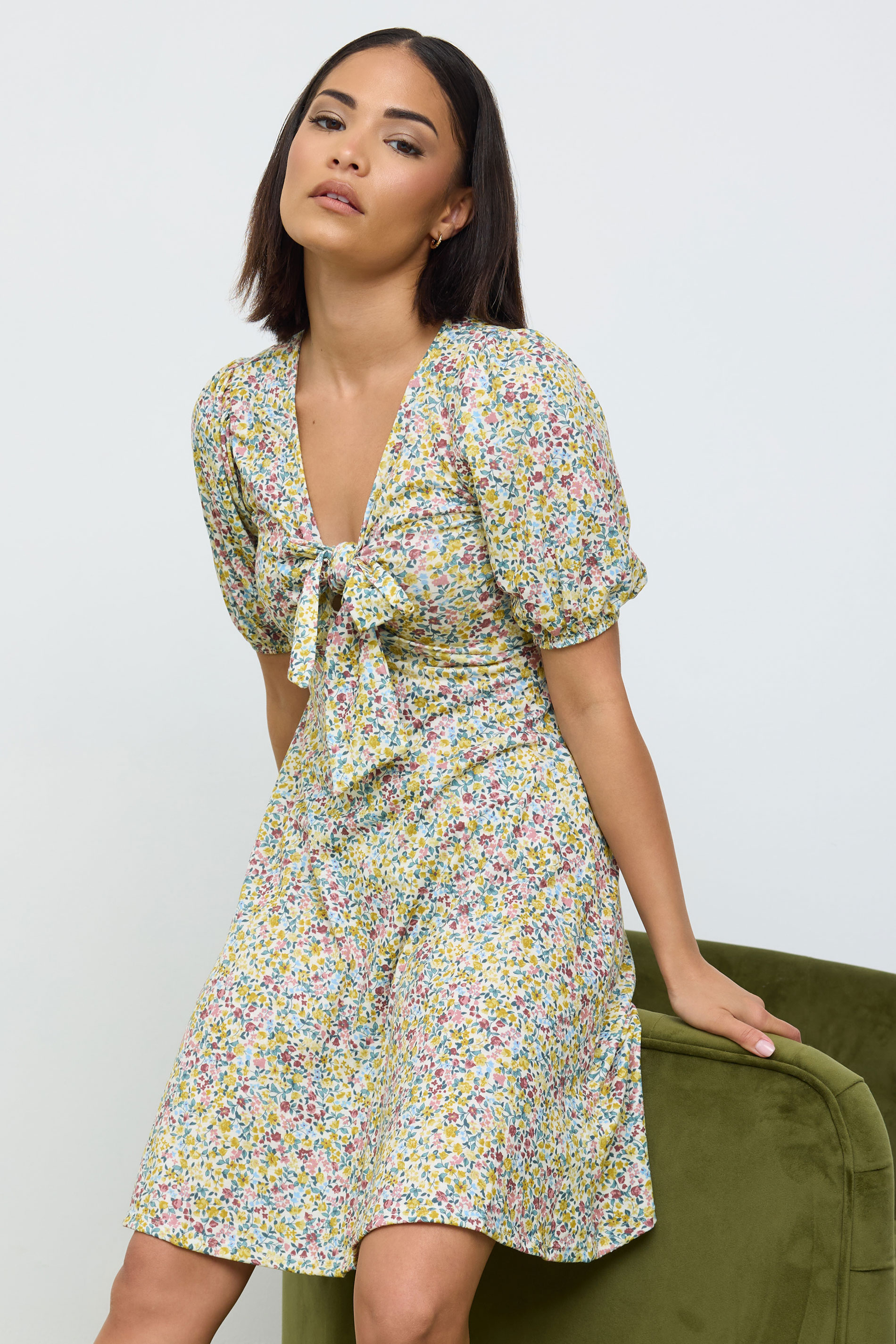 PixieGirl Petite Women's Yellow & Pink Floral Print Tie Front Mini Dress | PixieGirl 1