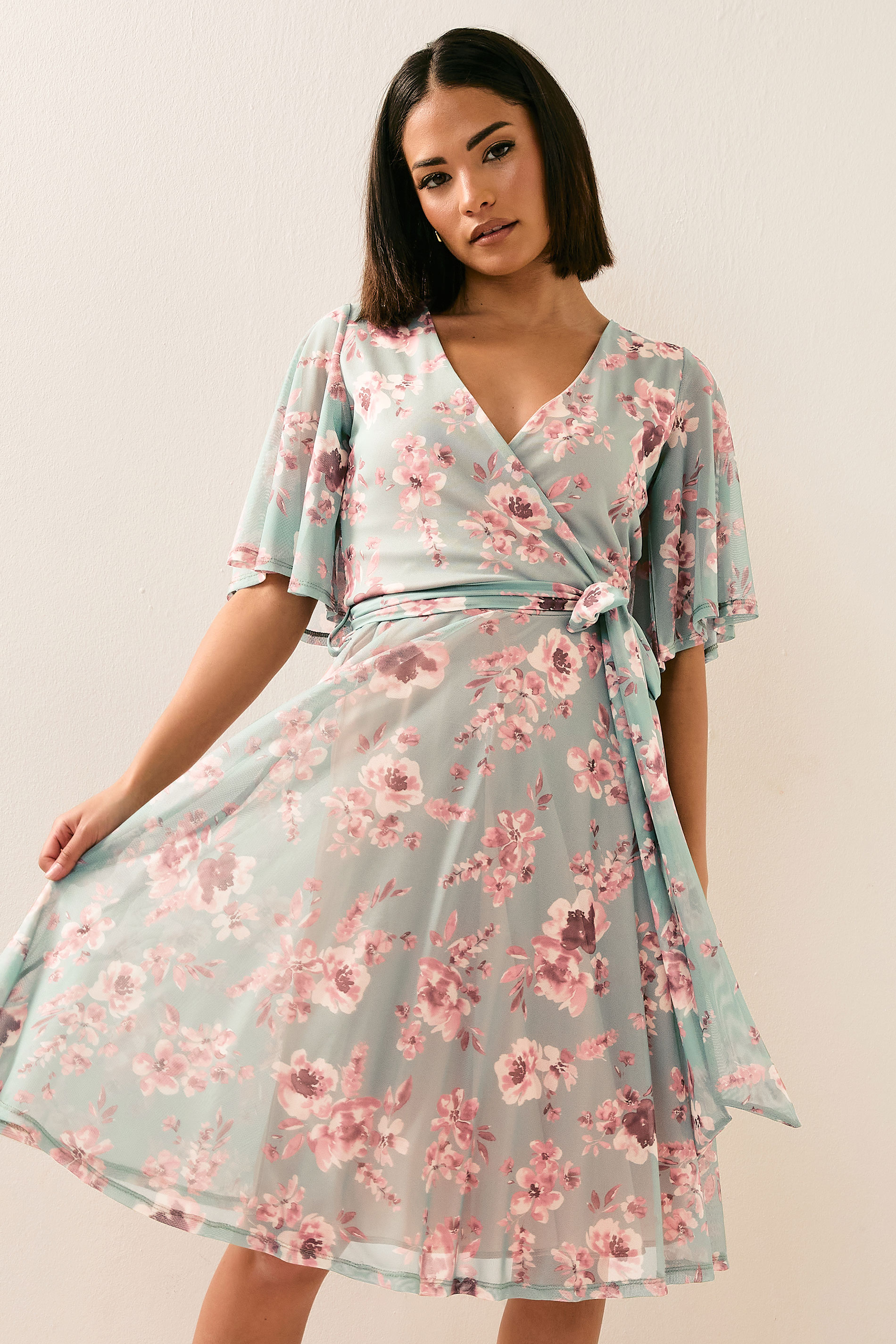 PixieGirl Petite Women's Sage Green Mesh Floral Wrap Midi Dress | PixieGirl 4