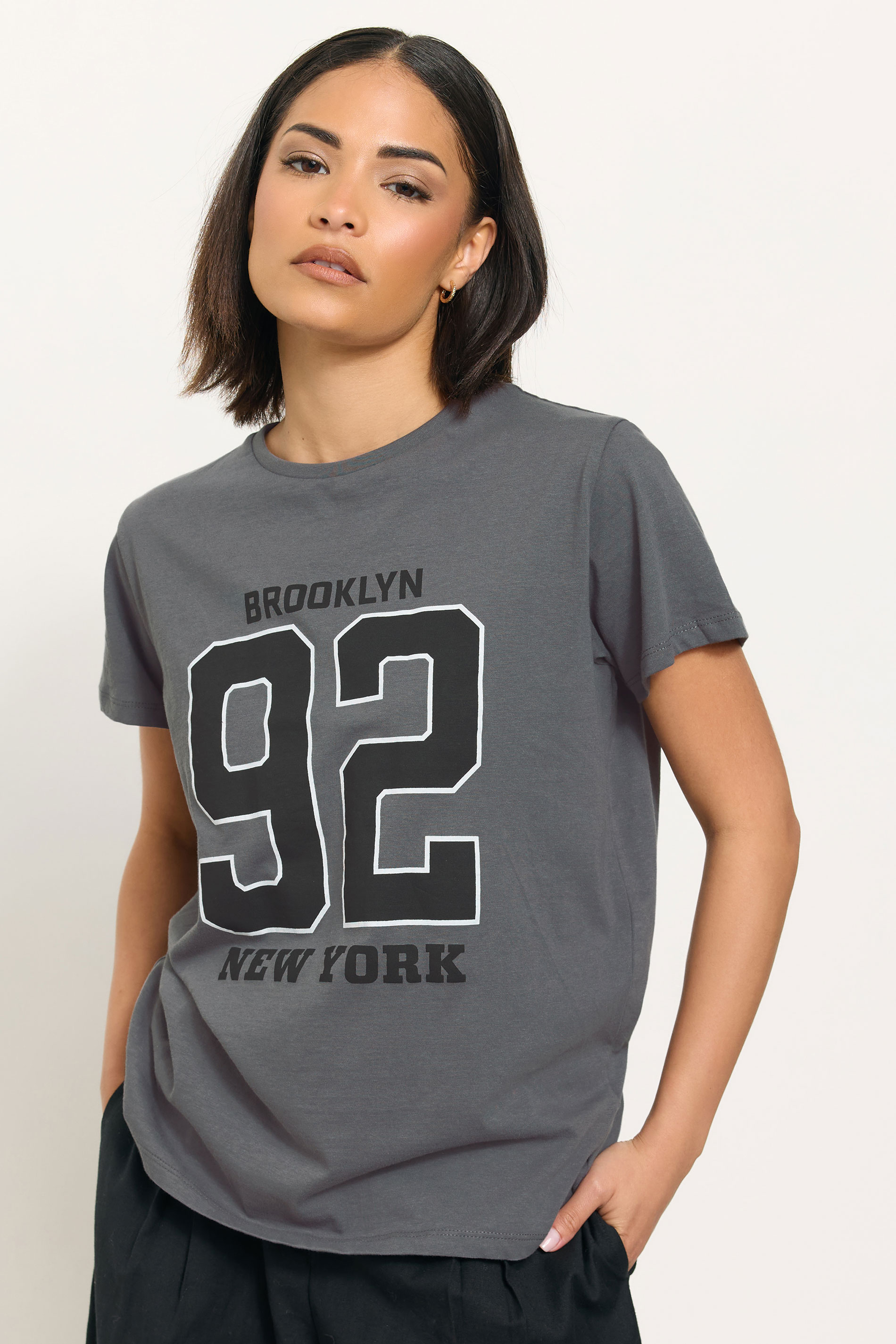 PixieGirl Petite Women's Grey 'Brooklyn 92' Slogan T-Shirt | PixieGirl 1