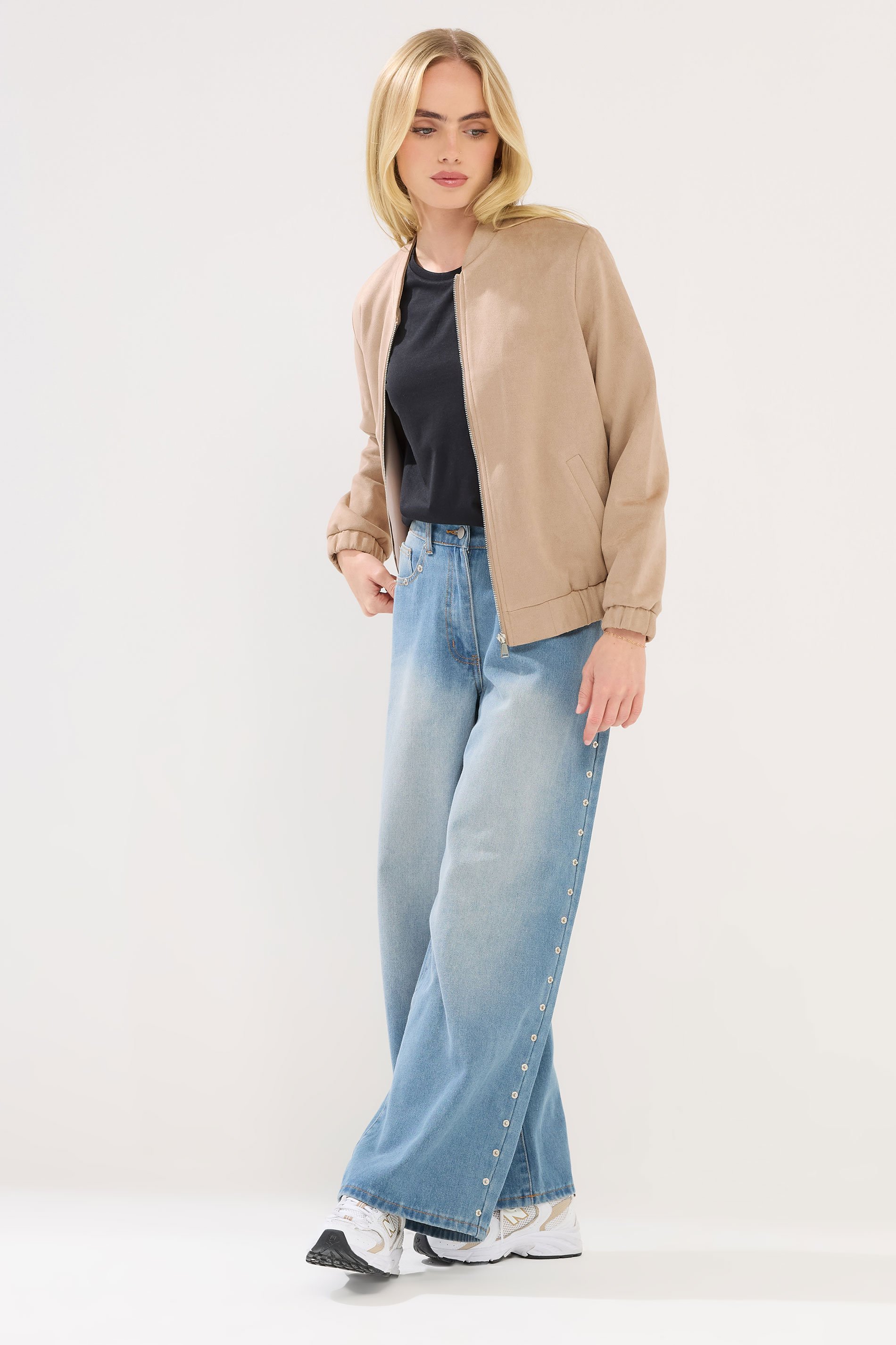 PixieGirl Petite Women's Natural Brown Faux Suede Bomber Jacket | PixieGirl 2