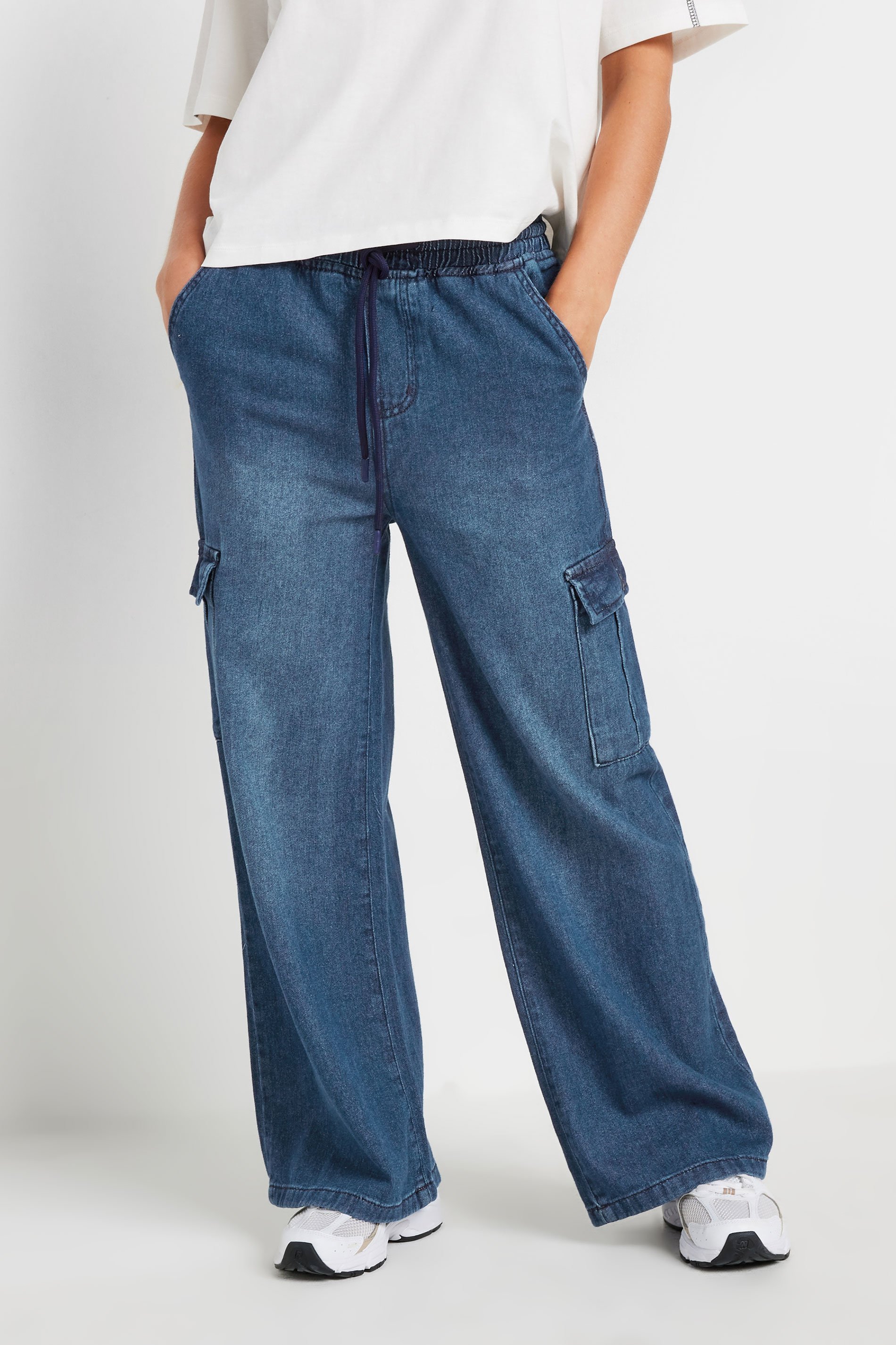 PixieGirl Petite Women's Dark Blue Cargo Wide Leg Jeans | PixieGirl 4