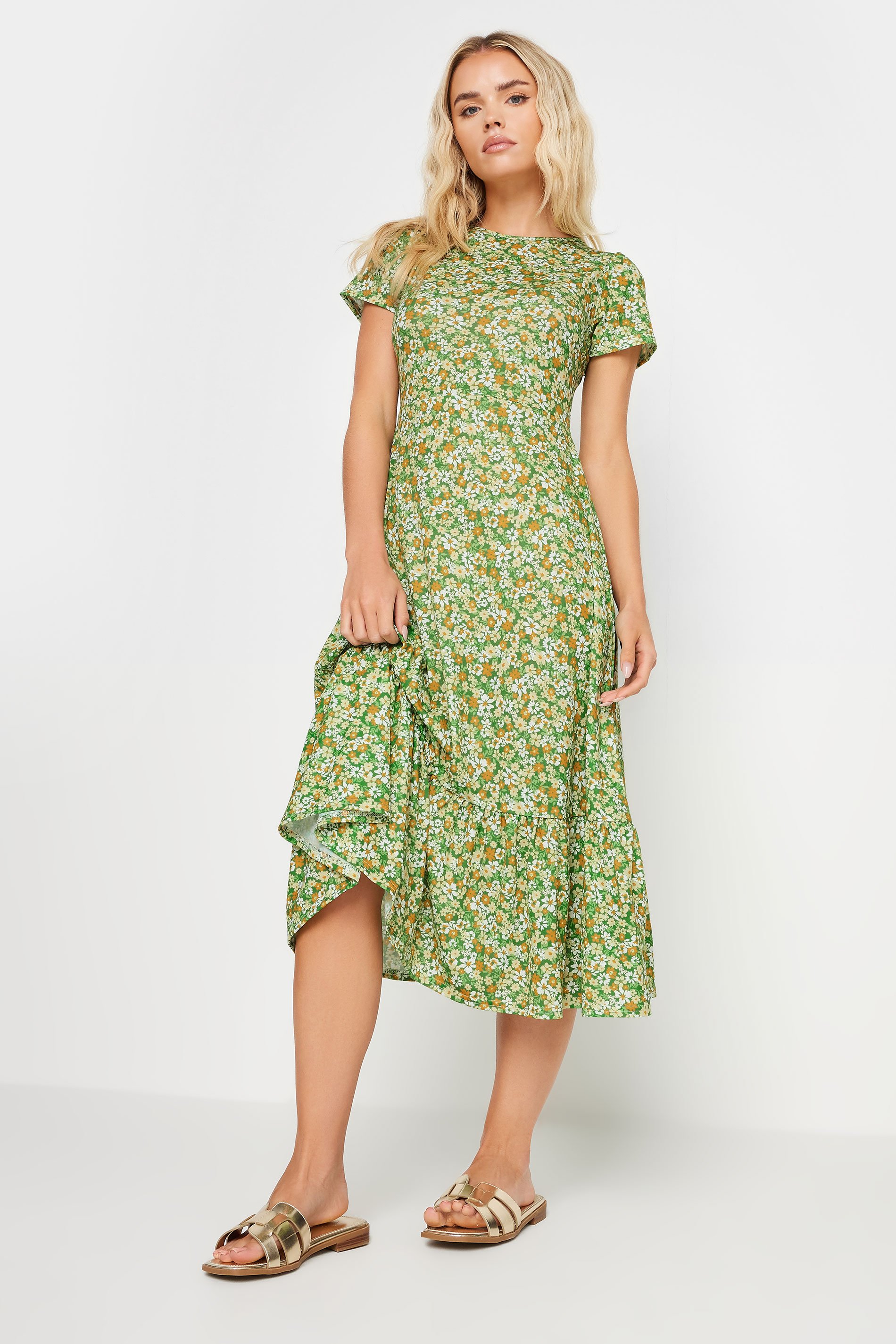 PixieGirl Petite Women's Sage Green Ditsy Floral Print Tiered Midi Dress | PixieGirl 2