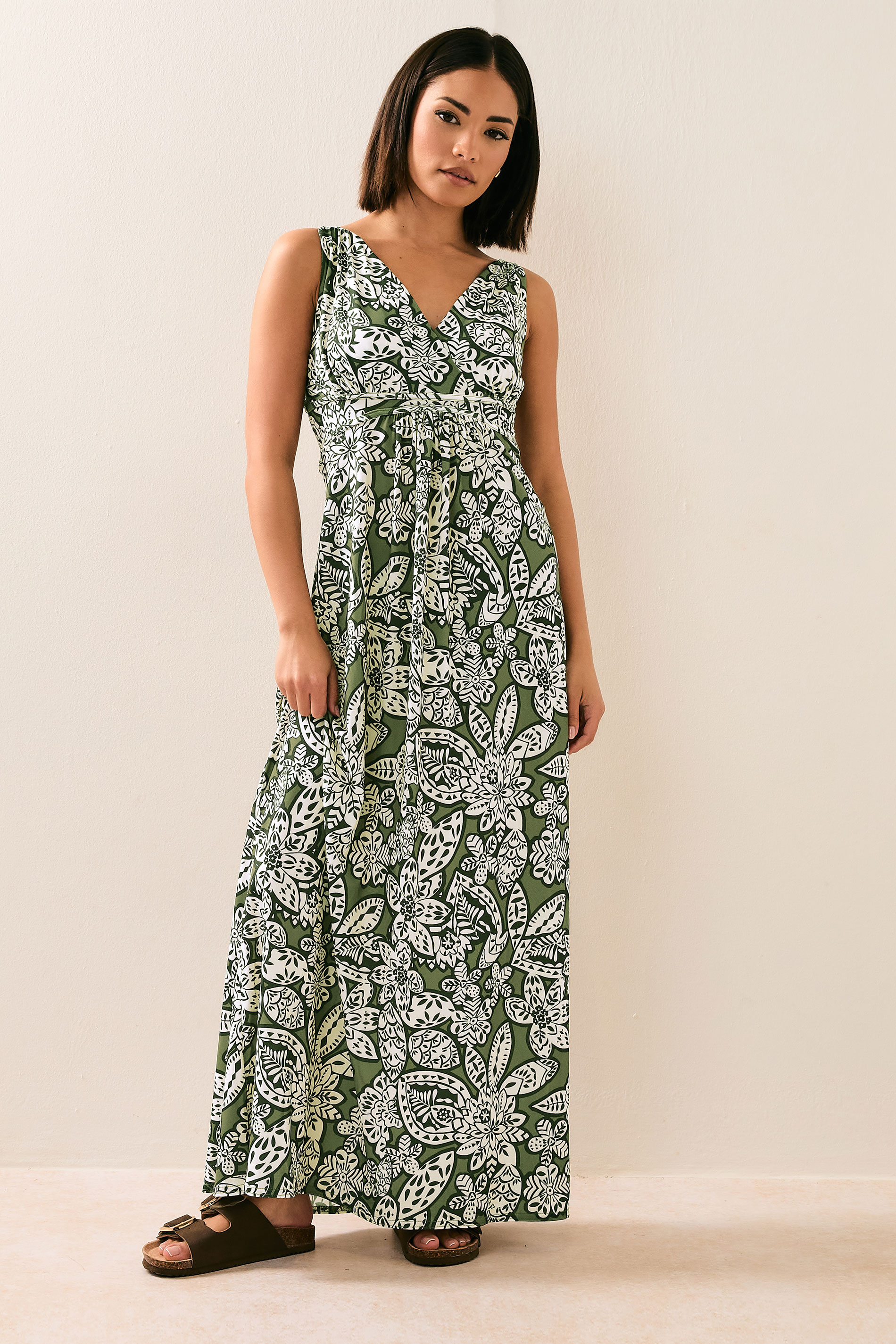 PixieGirl Petite Women's Khaki Green Floral Print Maxi Dress | PixieGirl 1