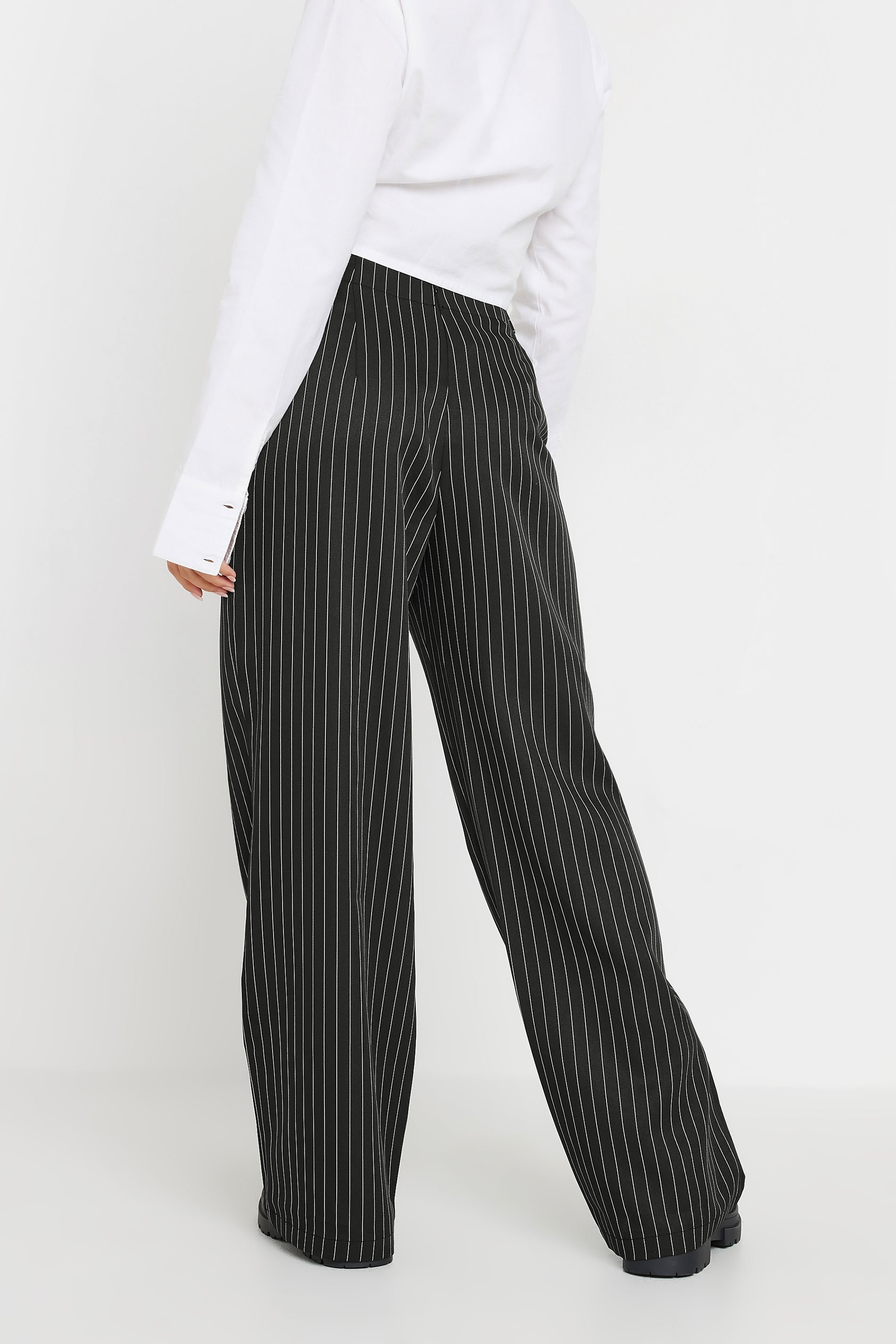 PixieGirl Petite Women's Black Tab Detail Pinstripe Wide Leg Trousers | PixieGirl 3