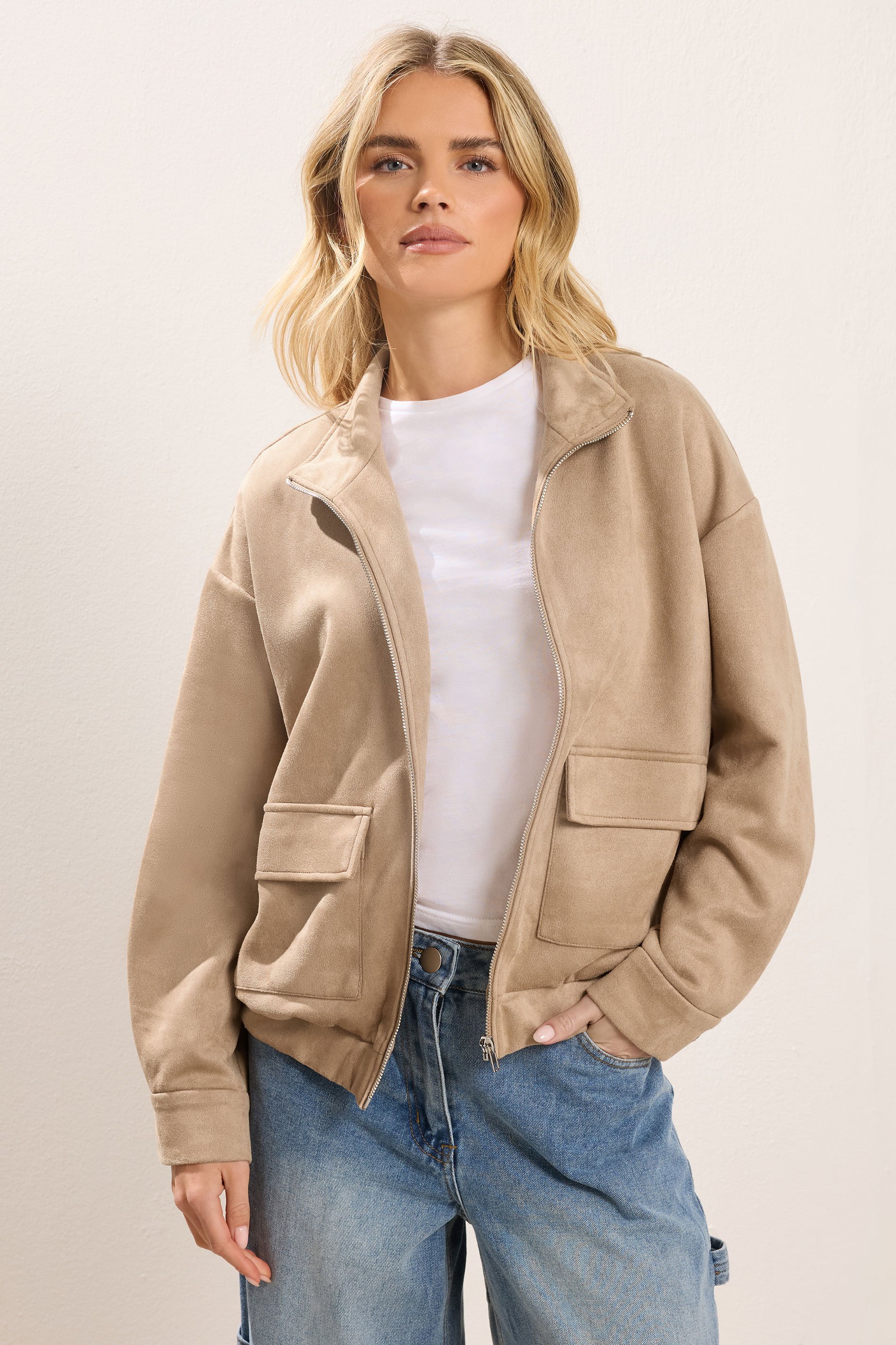 PixieGirl Petite Women's Natural Brown Faux Suede Bomber Jacket | PixieGirl 2