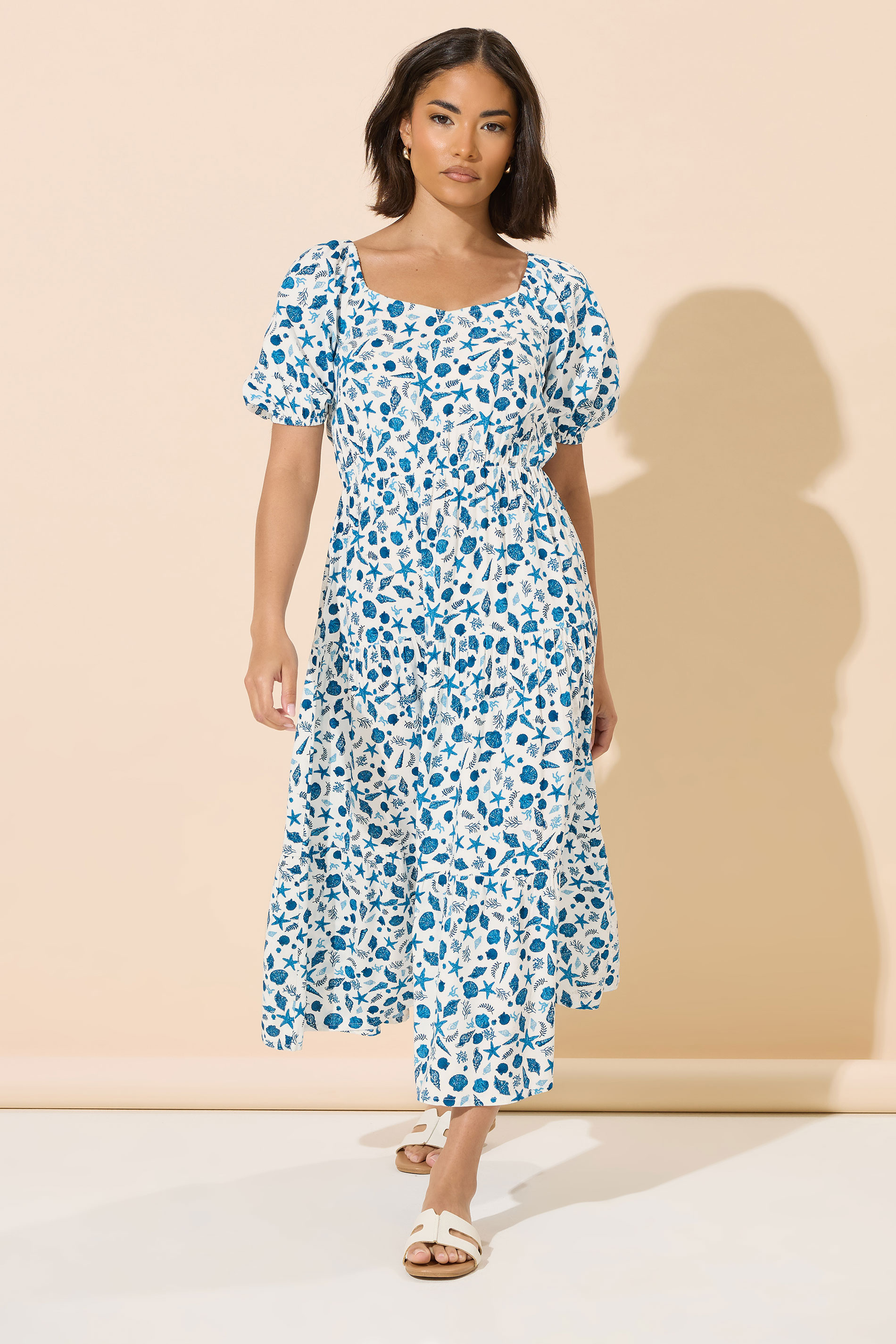 PixieGirl Petite Women's White Seashell Graphic Puff Sleeve Midi Dress | PixieGirl 4