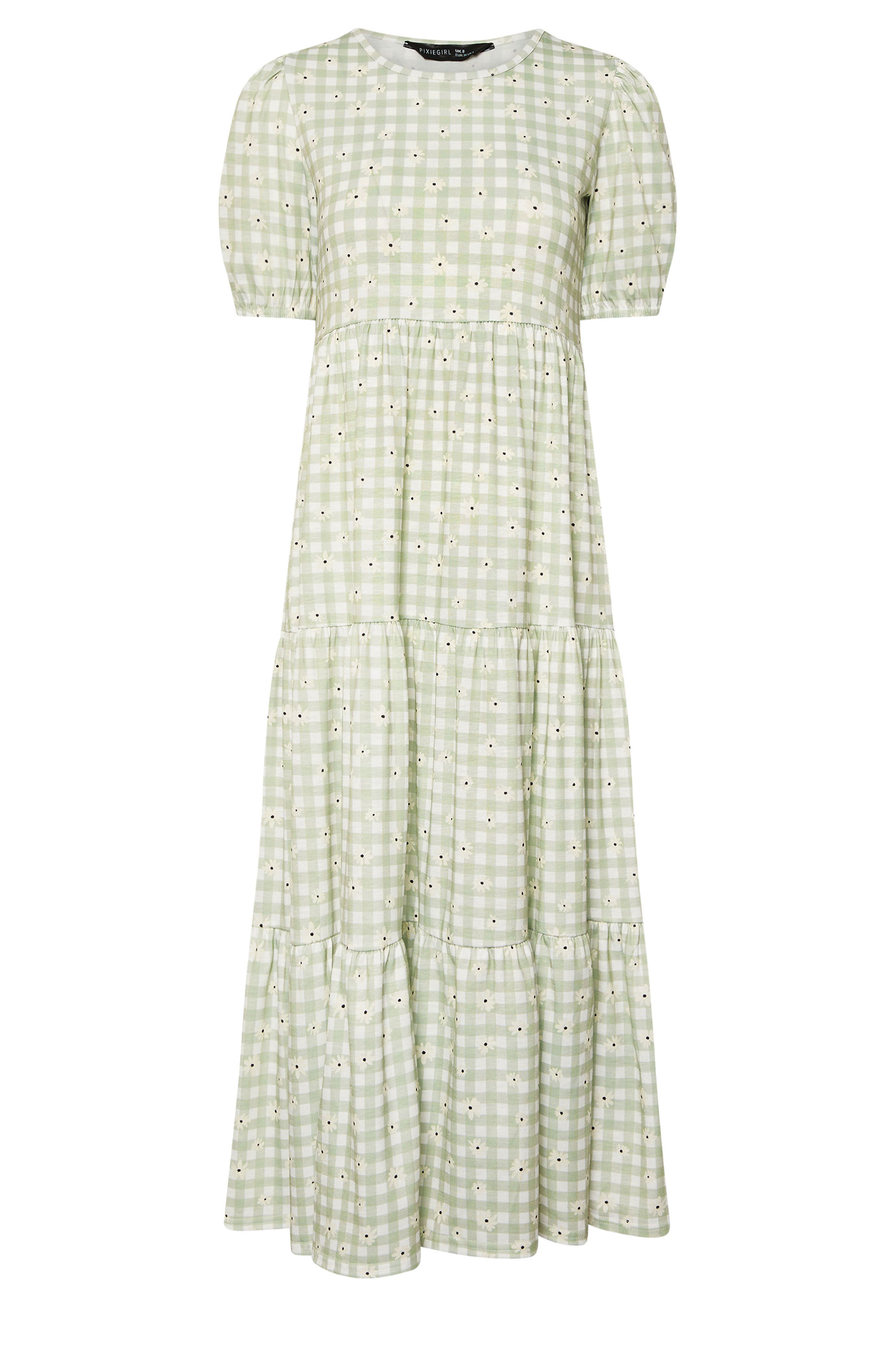 PixieGirl Petite Women's Sage Green Daisy Gingham Tiered Smock Dress | PixieGirl 6