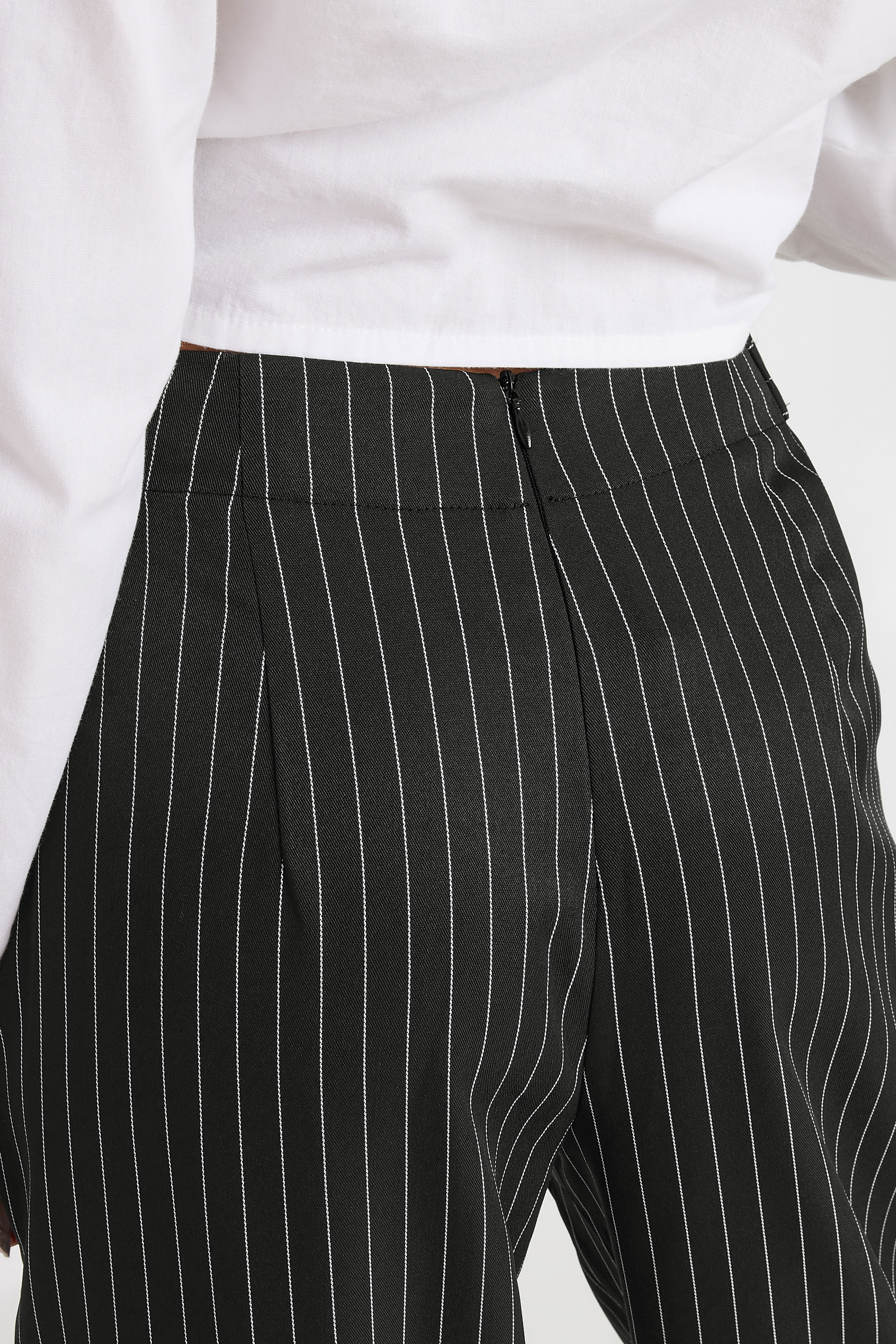 PixieGirl Petite Women's Black Tab Detail Pinstripe Wide Leg Trousers | PixieGirl 5