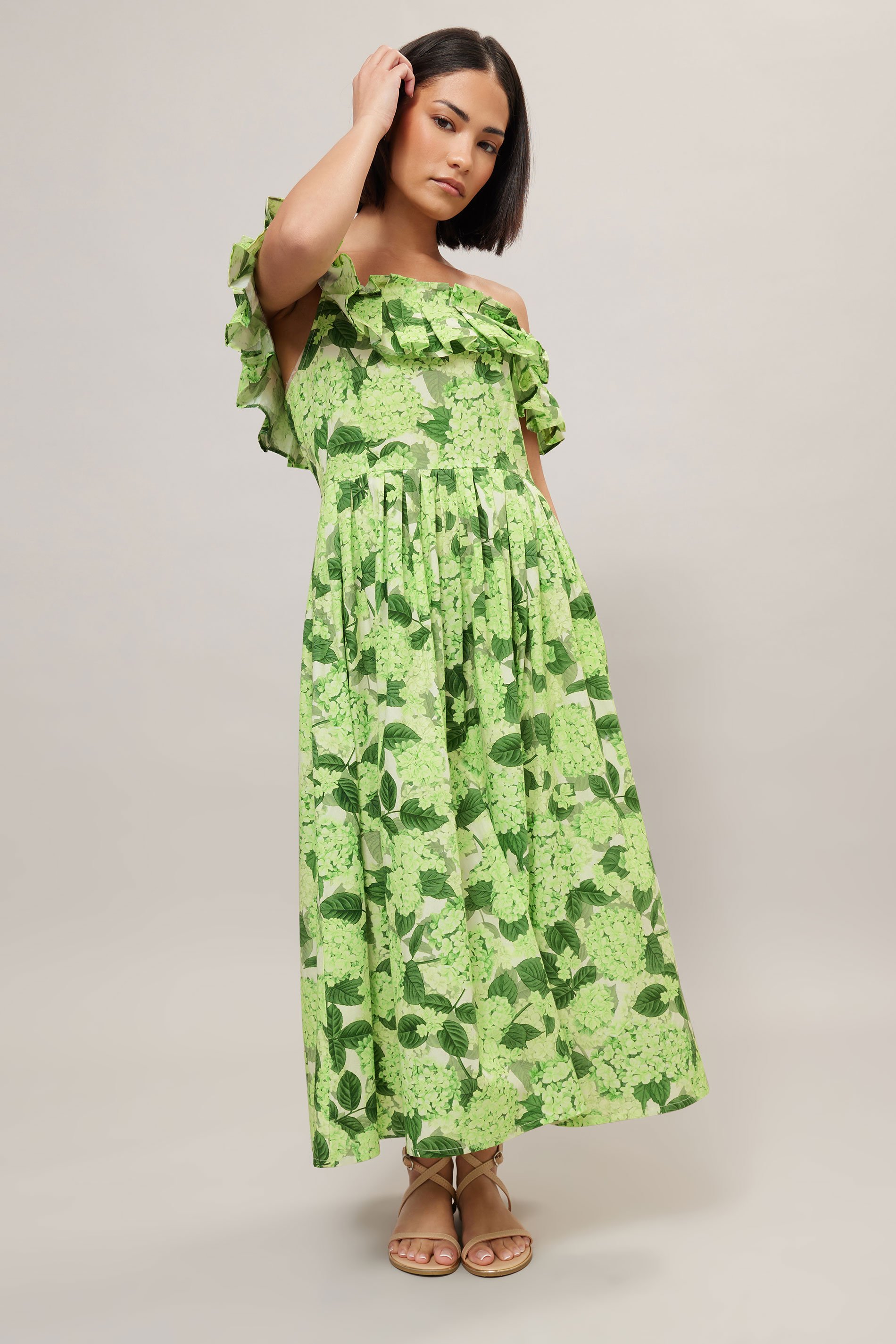 PixieGirl Petite Women's Green Floral Ruffle Bardot Midi Dress | PixieGirl 5