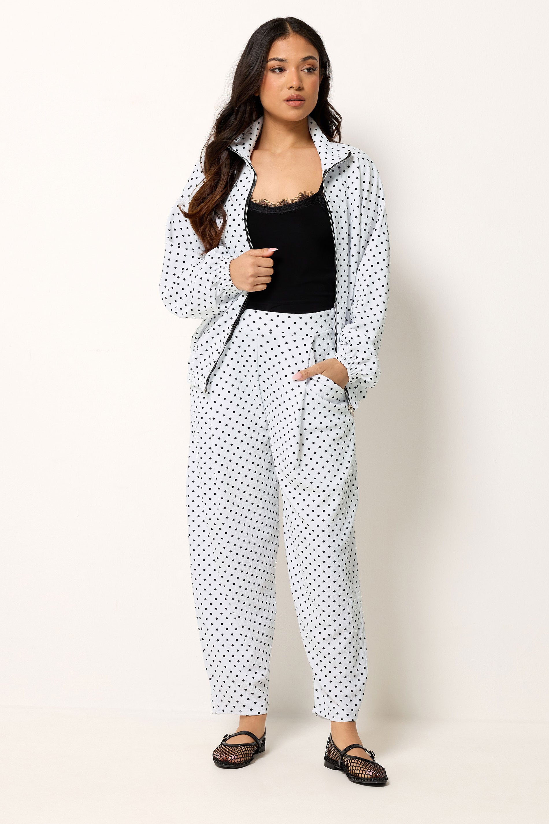PixieGirl Petite Women's White Polka Dot Crinkle Barrel Leg Trousers | PixieGirl 4