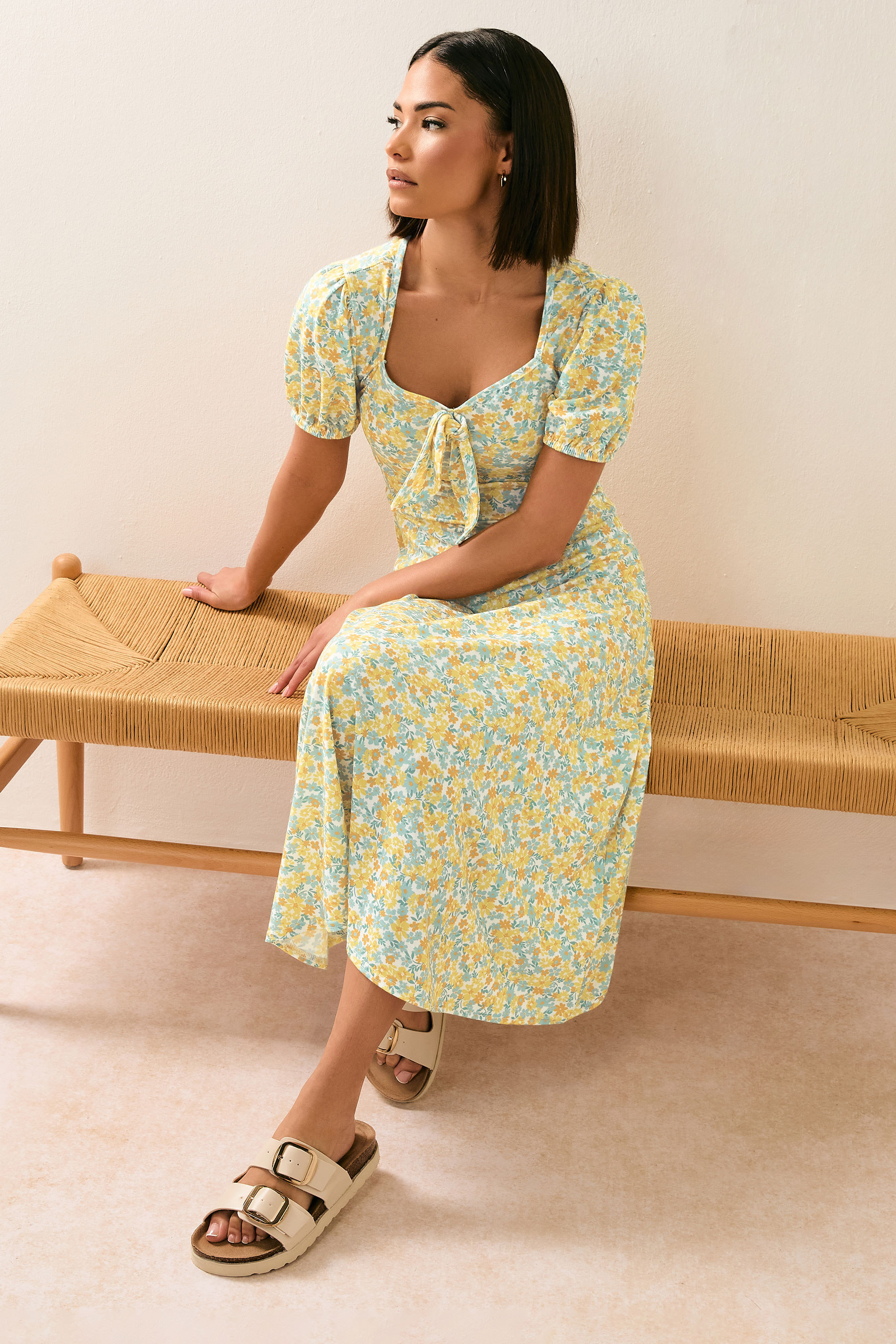 PixieGirl Petite Women's Yellow Ditsy Floral Tie Front Midi Dress | PixieGirl 2