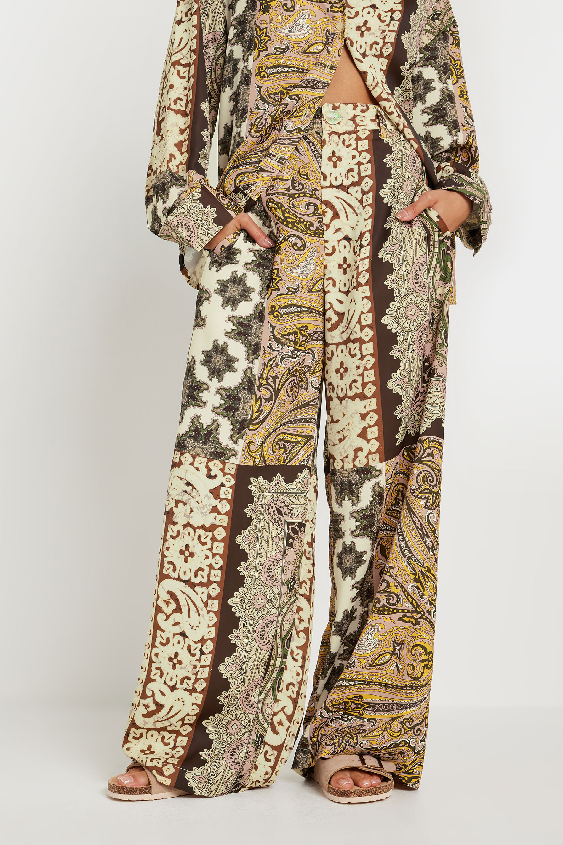 PixieGirl Petite Women's Beige Brown Patchwork Wide Leg Trousers | PixieGirl 4