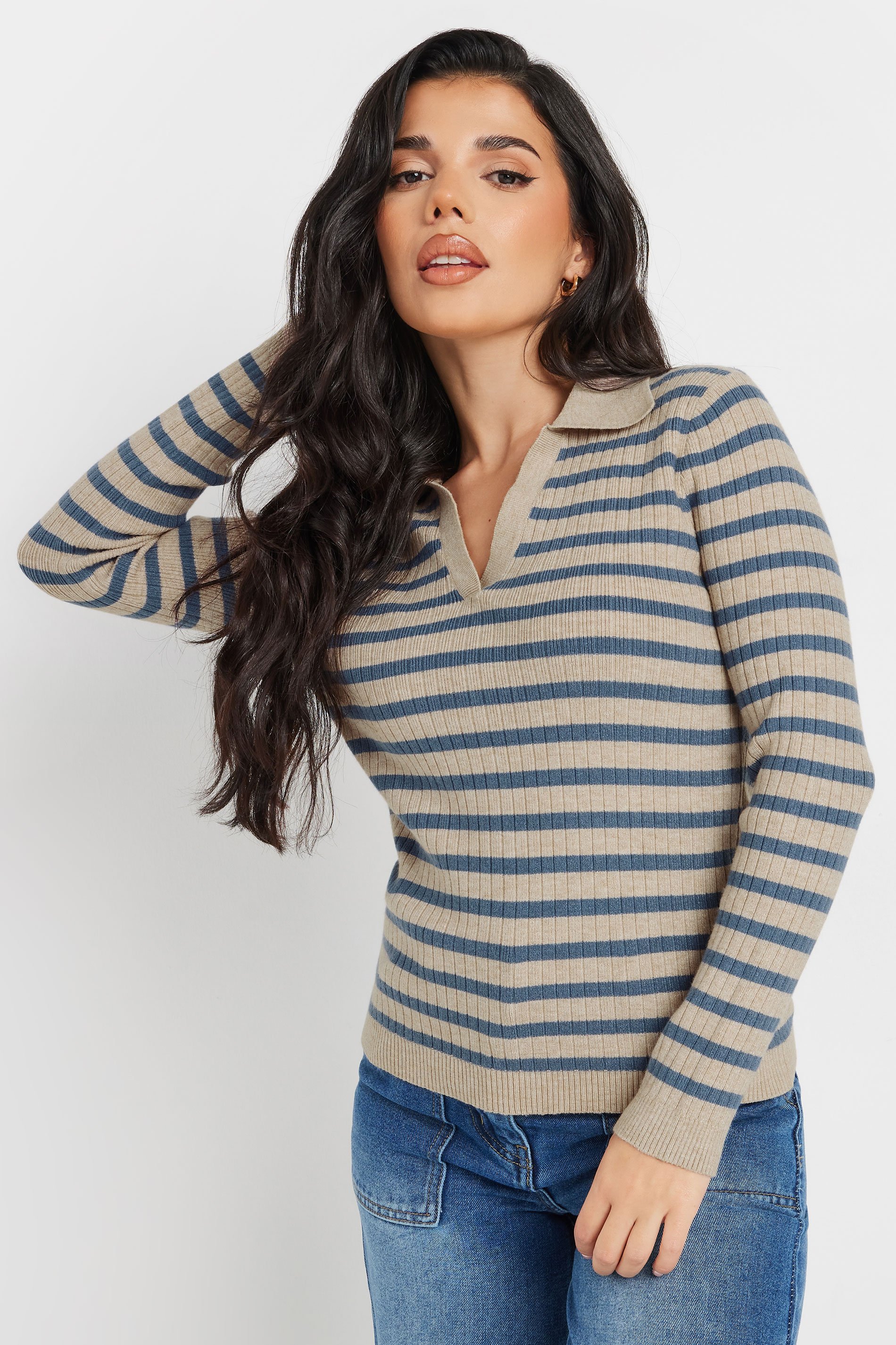 PixieGirl Petite Women's Beige Brown Knitted Stripe Collar Jumper | PixieGirl 1
