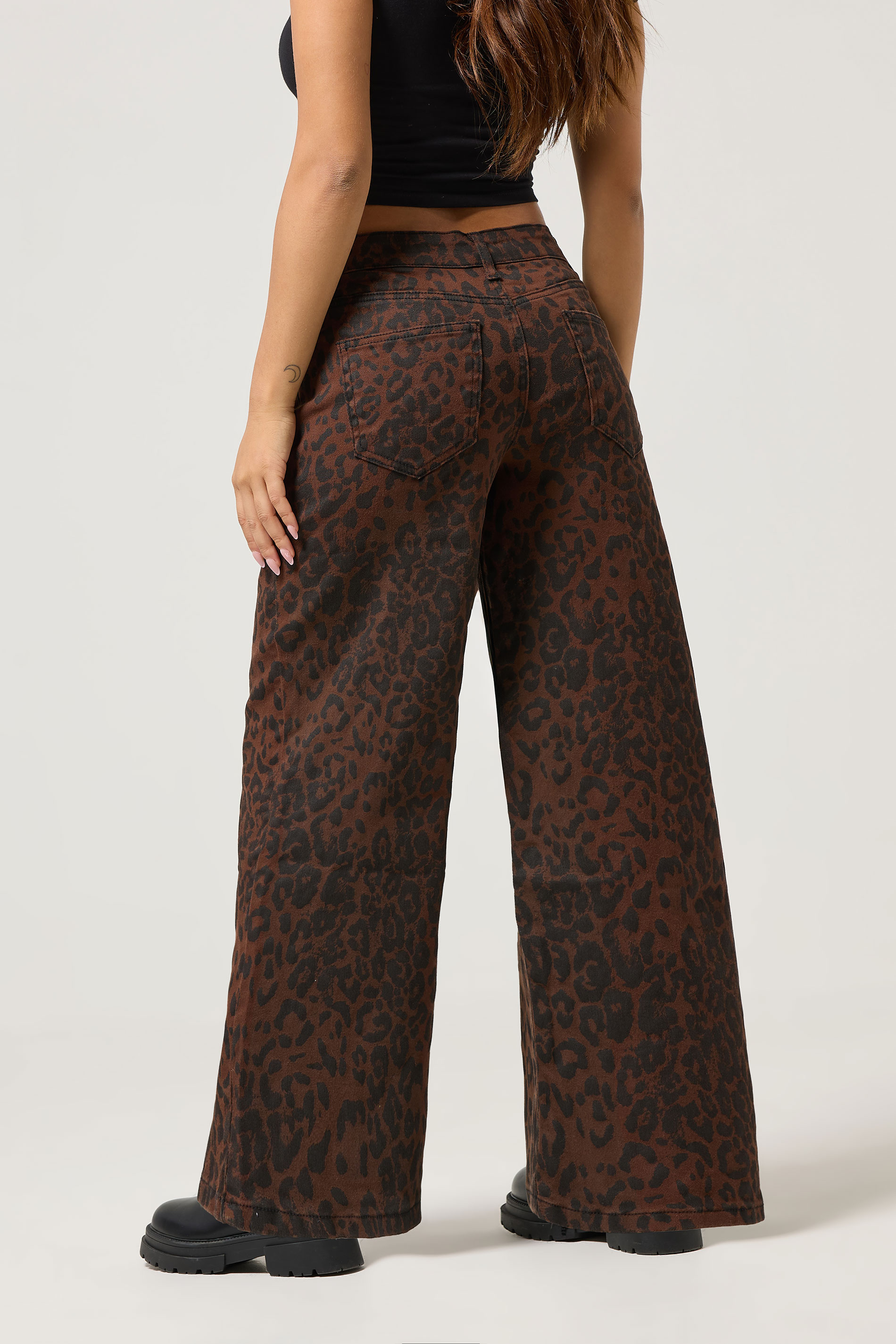 PixieGirl Petite Womens Brown Leopard Print Wide Leg Jeans | PixieGirl 3