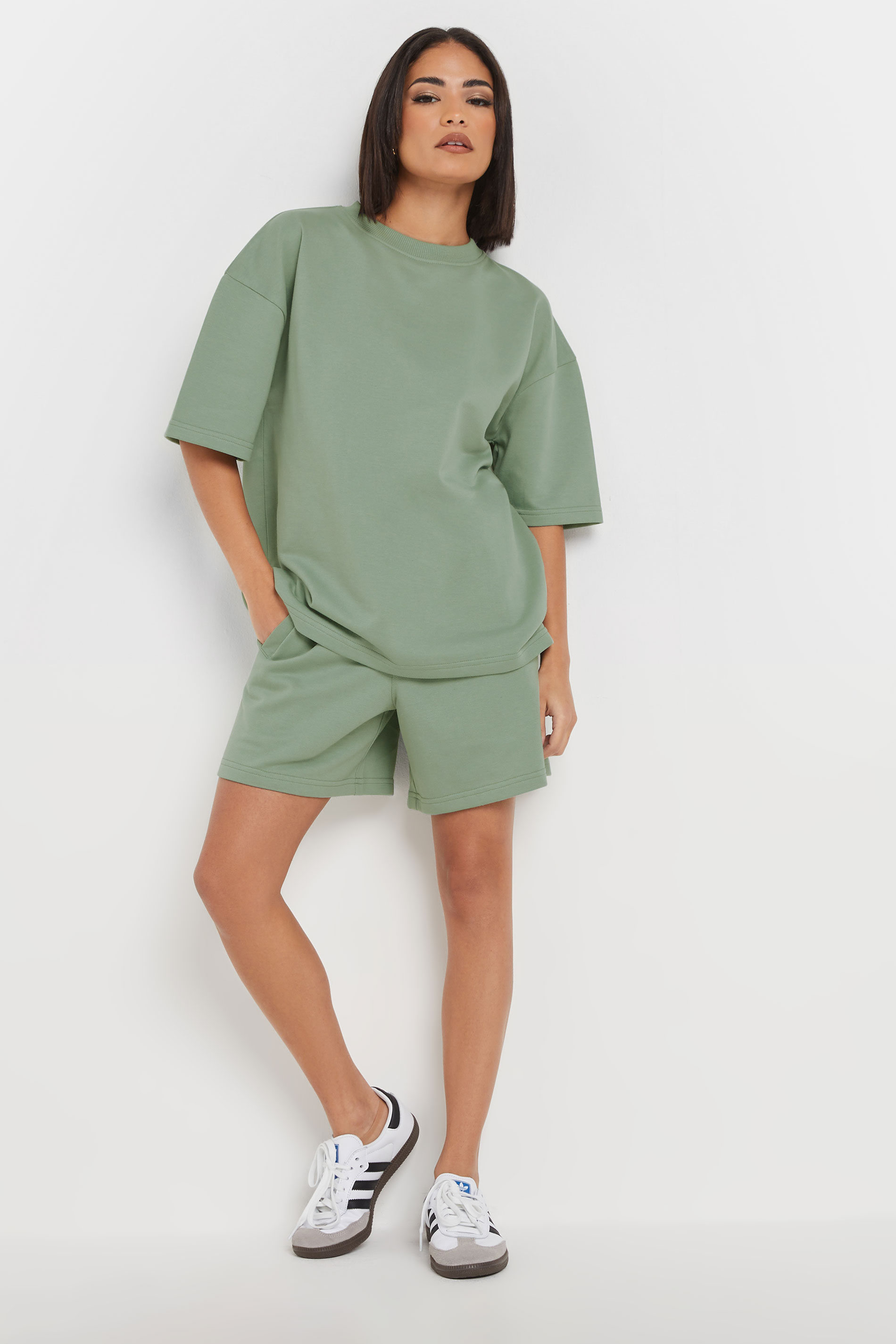 PixieGirl Petite Women's Sage Green Sweat Jersey T-Shirt & Shorts Set | PixieGirl 2