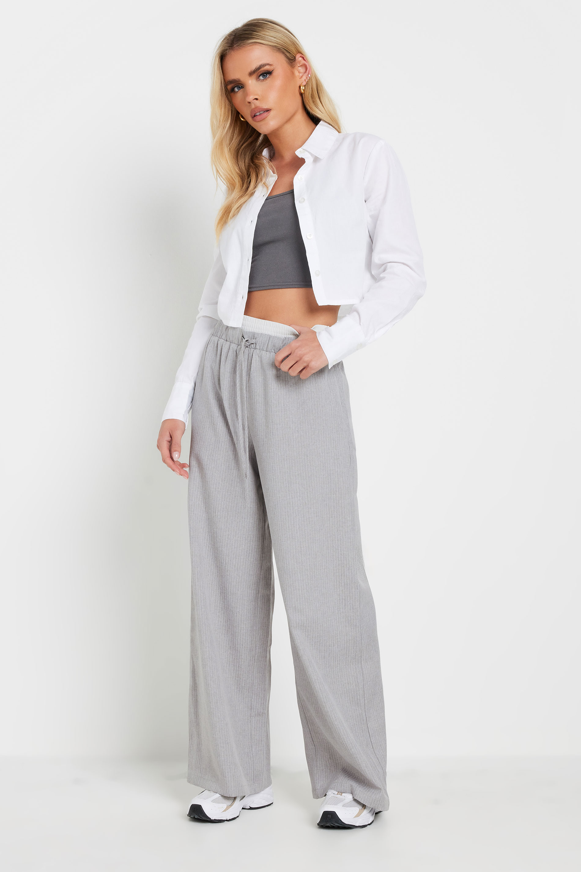 PixieGirl Petite Women's Light Grey Pinstripe Contrast Waist Trousers | PixieGirl 1