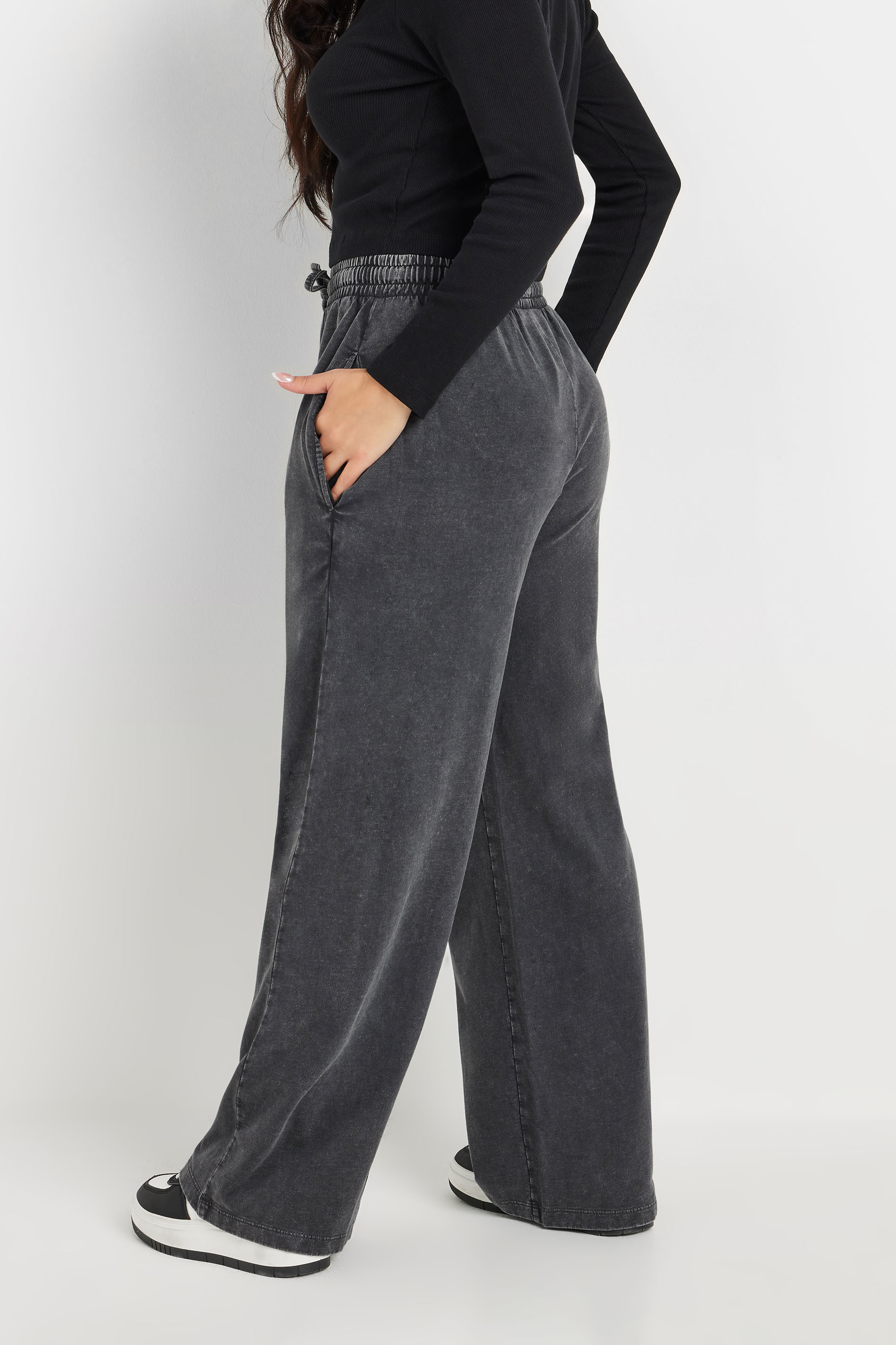 PixieGirl Petite Women's Dark Grey Acid Wash Wide Leg Joggers | PixieGirl 3