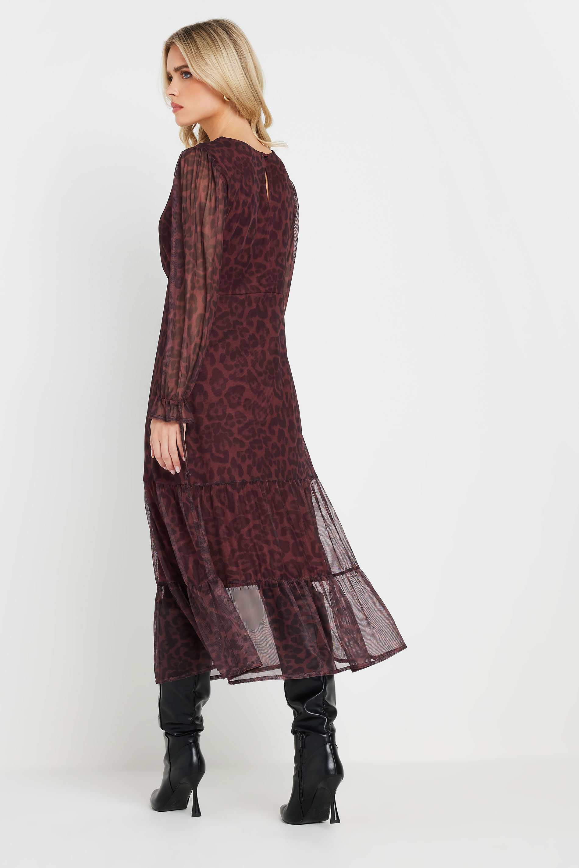 PixieGirl Petite Women's Burgundy Red Leopard Print Mesh Tiered Dress | PixieGirl 3