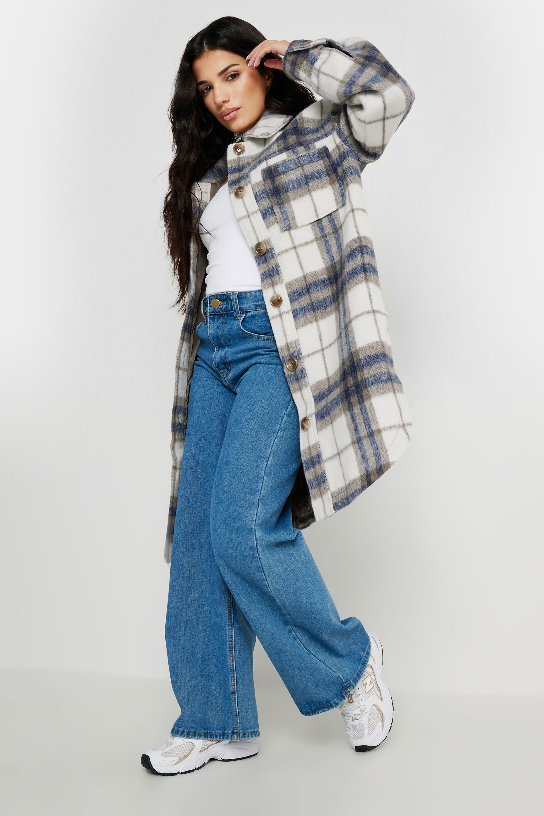 PixieGirl Petite Women's Blue Blurred Check Print Longline Shacket | PixieGirl 3