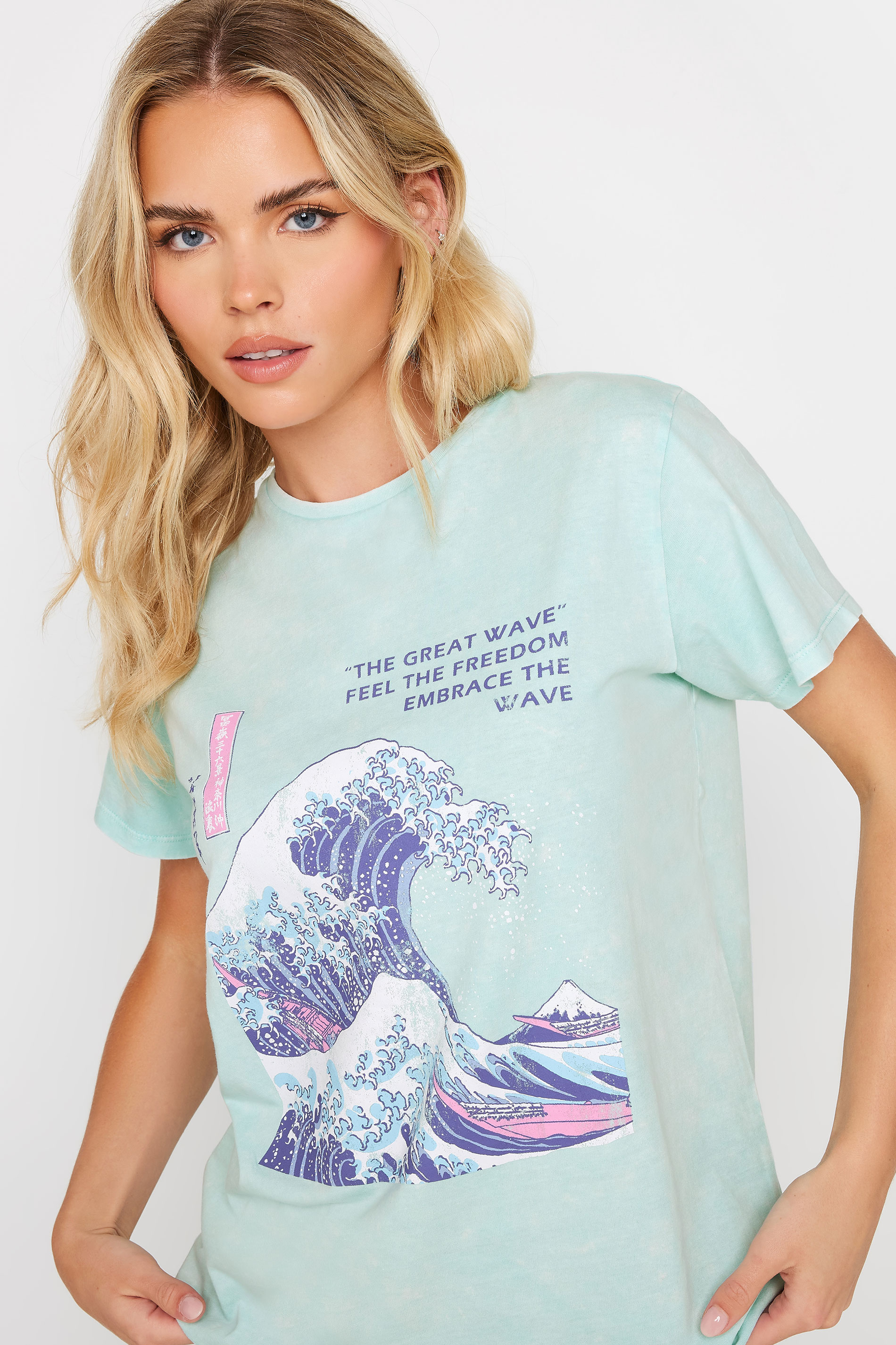 PixieGirl Petite Women's Blue 'The Great Wave' Slogan Printed T-Shirt | PixieGirl 2