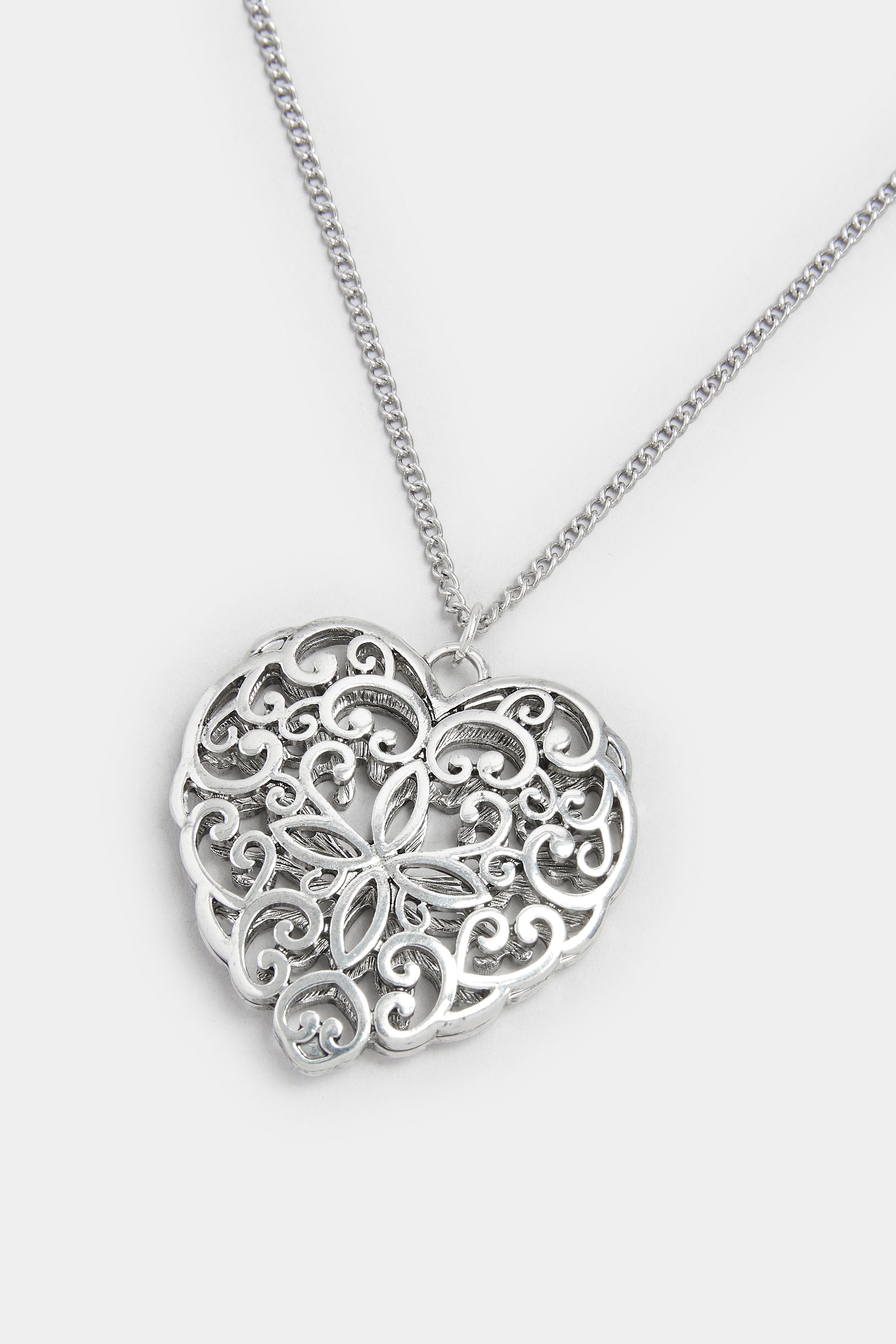 Silver Tone Filigree Heart Long Necklace | Yours Clothing 3