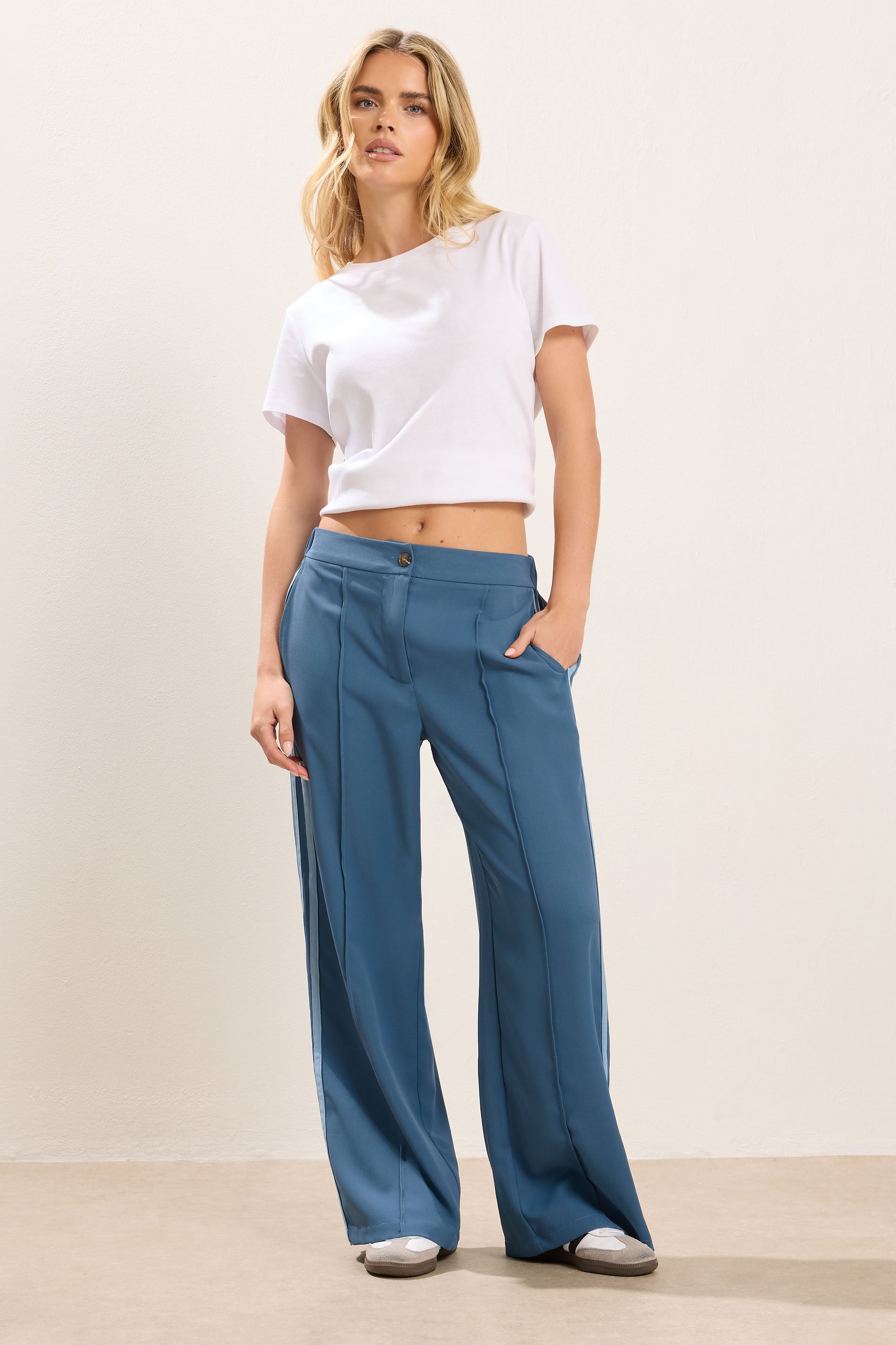 PixieGirl Petite Women's Dark Blue Side Stripe Wide Leg Trousers | PixieGirl 1
